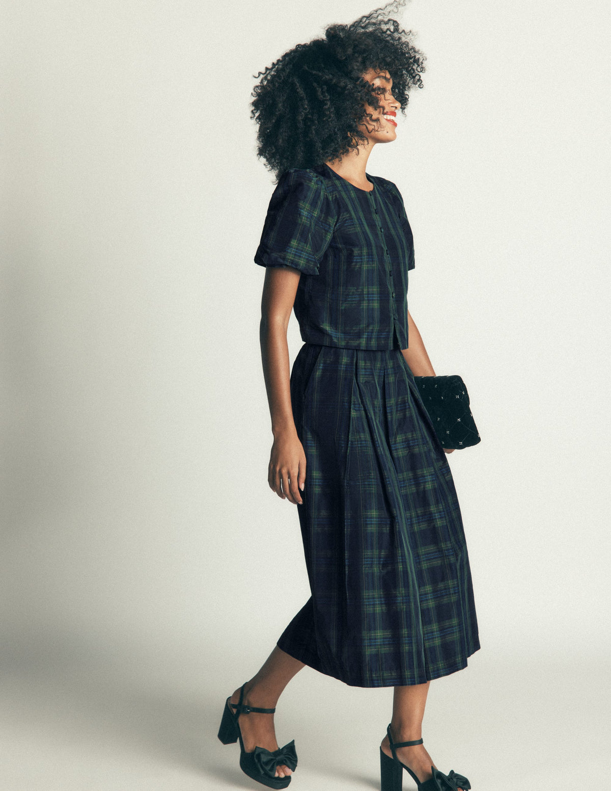 Puff Sleeve Taffeta Top-Navy, Green, Blue Tonal Check - Image 7