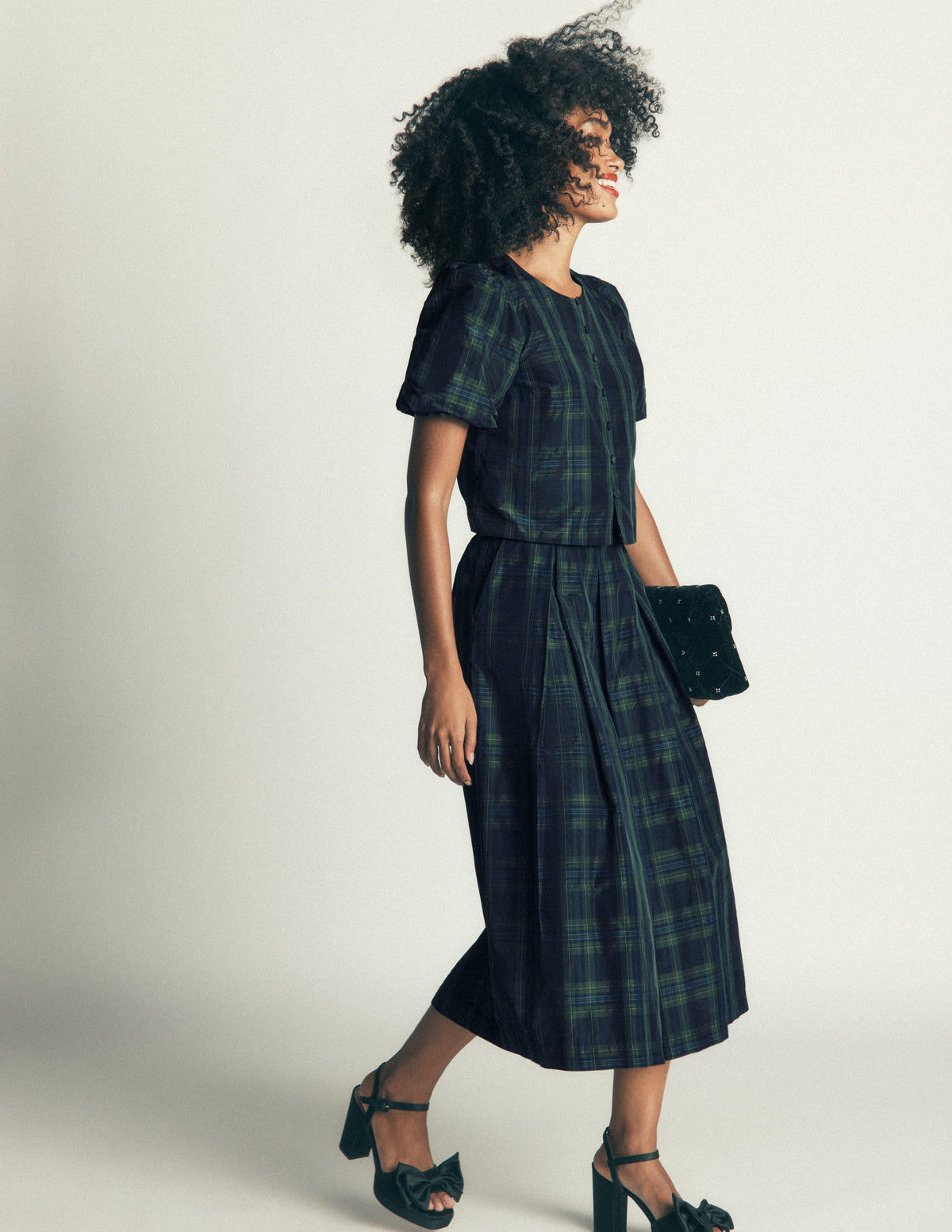 Puff Sleeve Taffeta Top-Navy, Green, Blue Tonal Check - Image 7