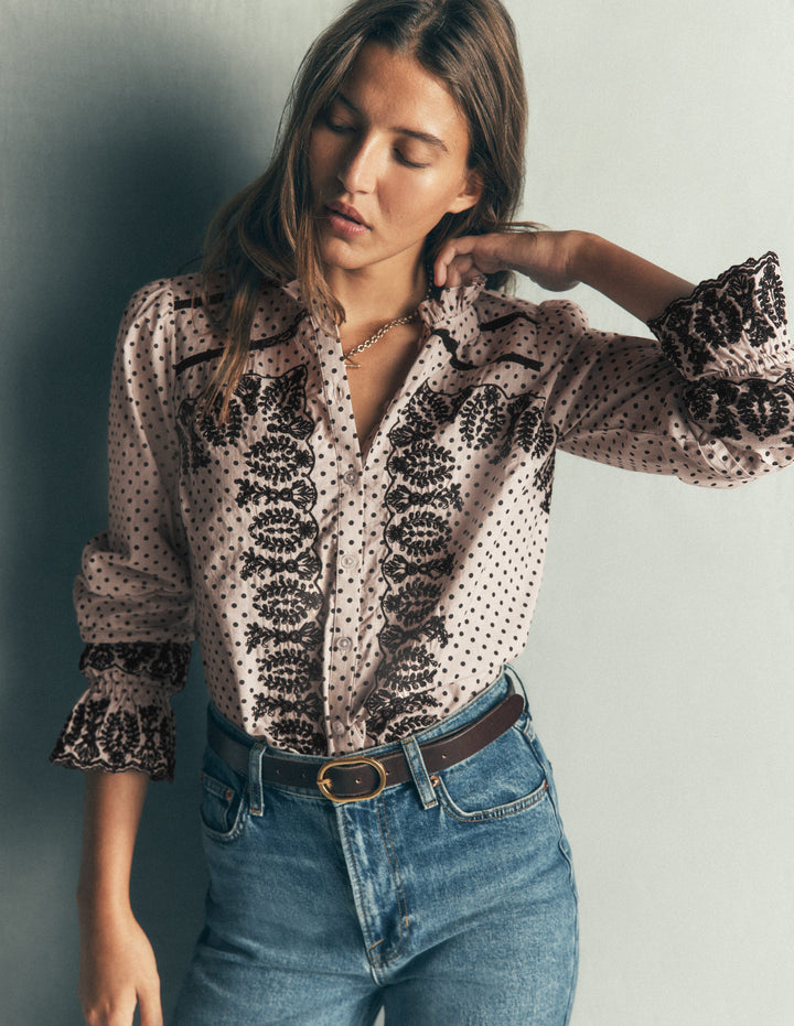 Lace Trim Beaded Cotton Top-Almond Milk, Regular Spot