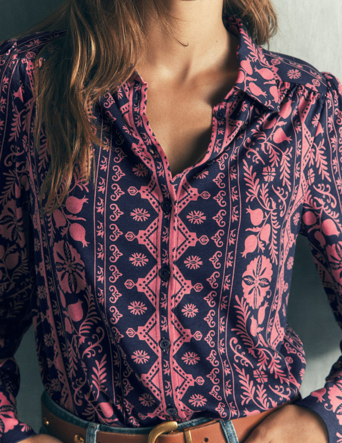 Collared Jersey Shirt-French Navy, Charmed Foliage - Image 2