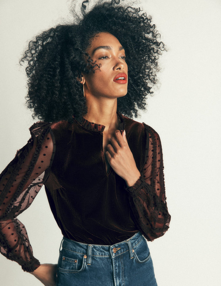 Tulle Mix Velvet Top-Dark Chocolate