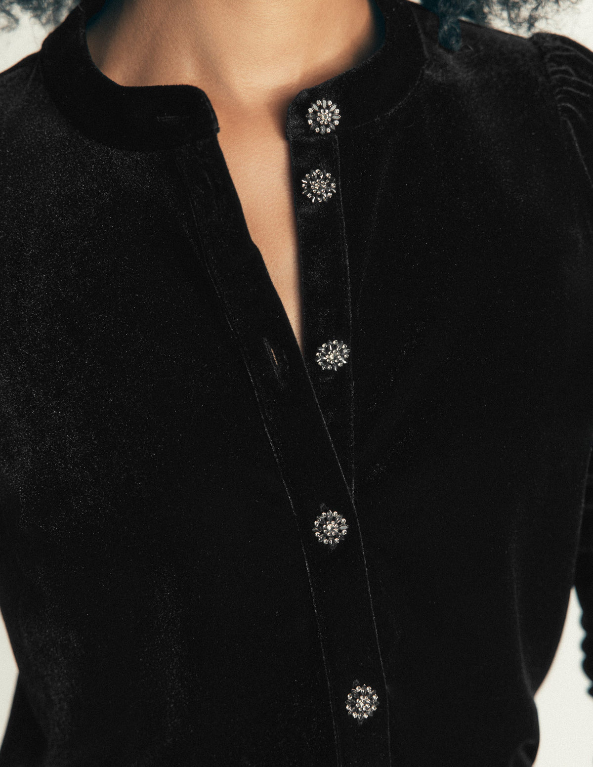 Puff Sleeve Velvet Shirt-Black-2