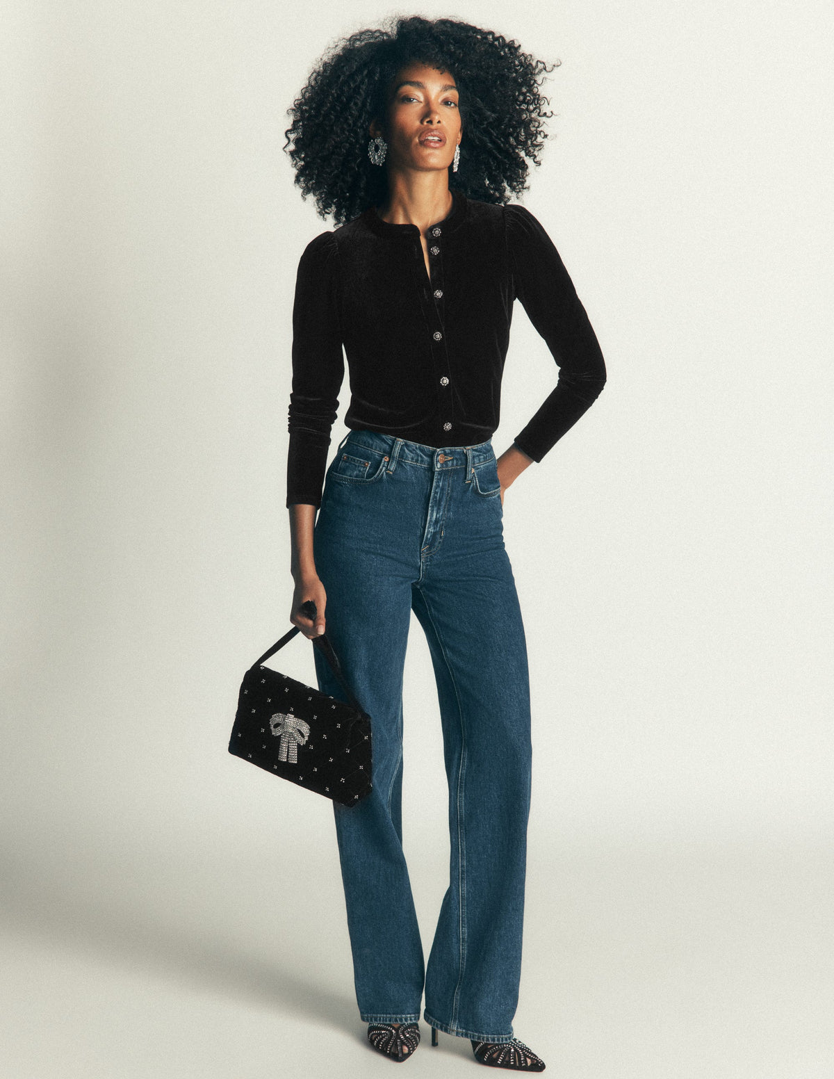 Puff Sleeve Velvet Shirt-Black - Image 4