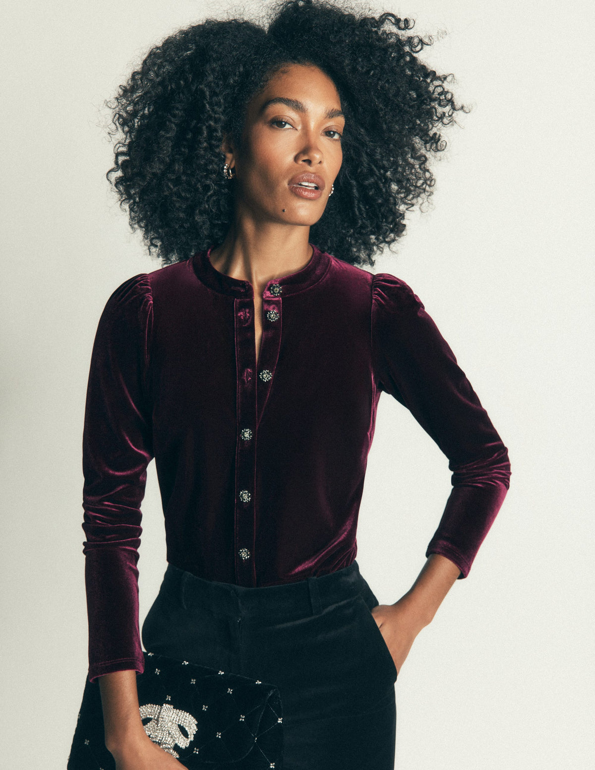 Puff Sleeve Velvet Shirt-Port Royale - Image 1