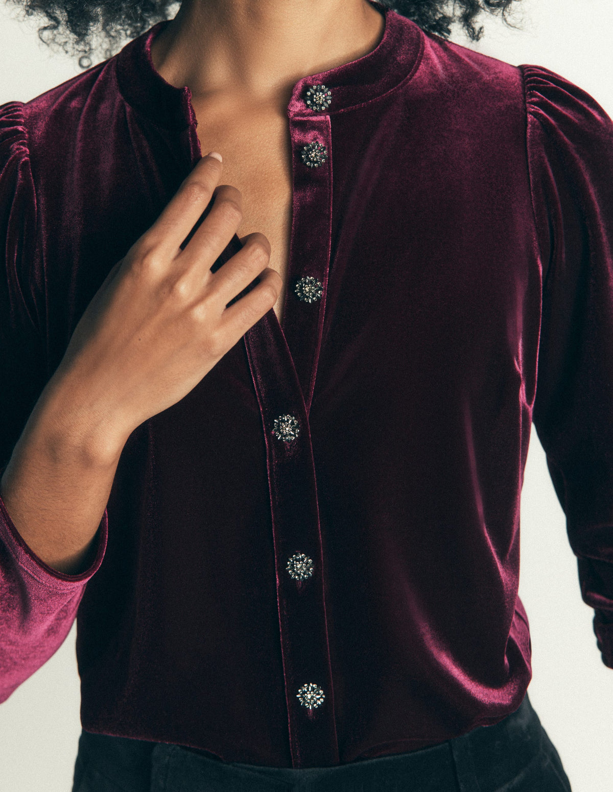 Puff Sleeve Velvet Shirt-Port Royale-2