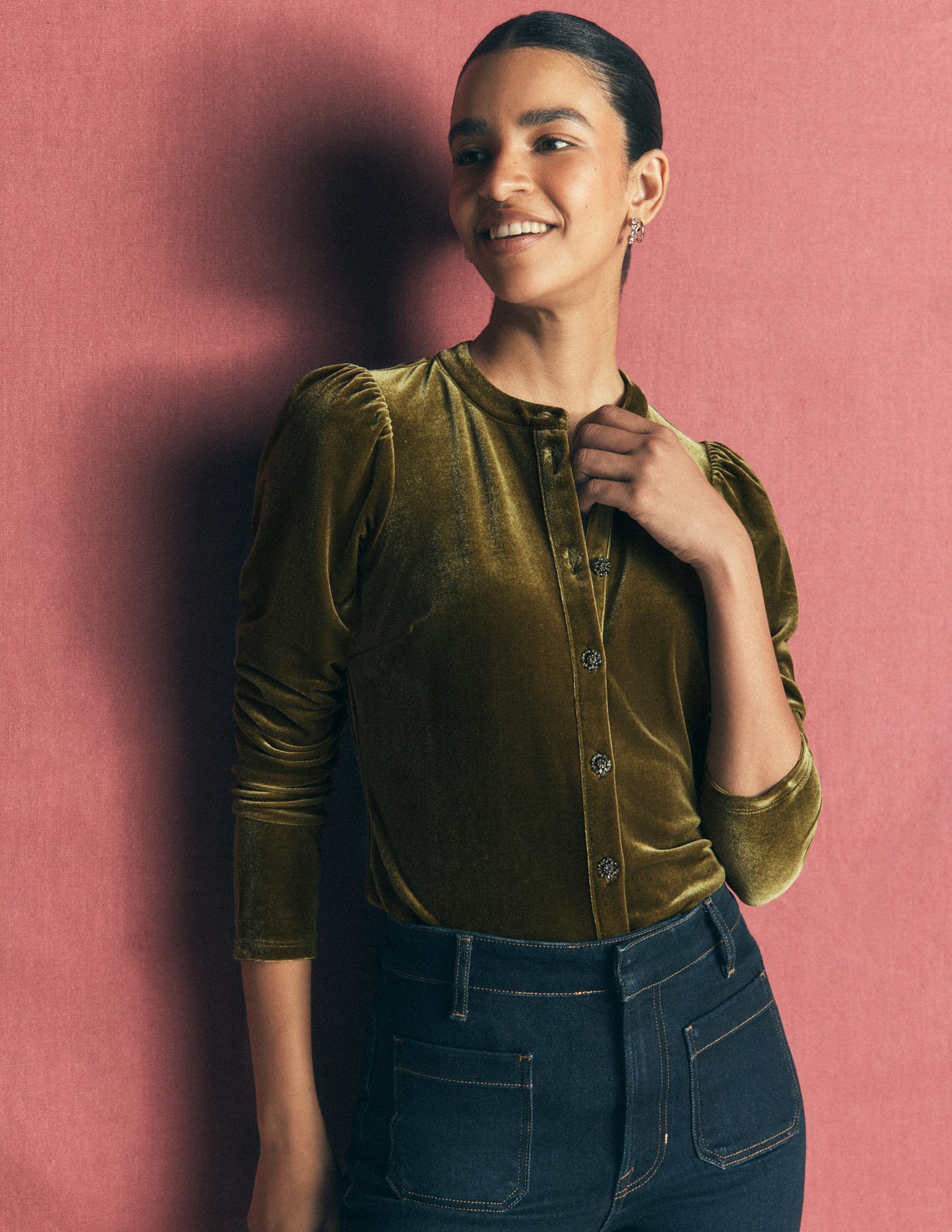 Puff Sleeve Velvet Shirt-Cardamom Seed - Image 1