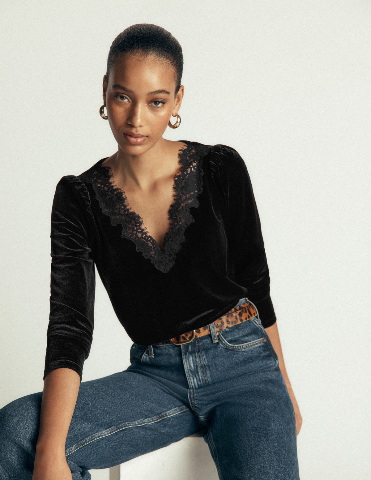 Lace Trim V-Neck Velvet Top-Black-1