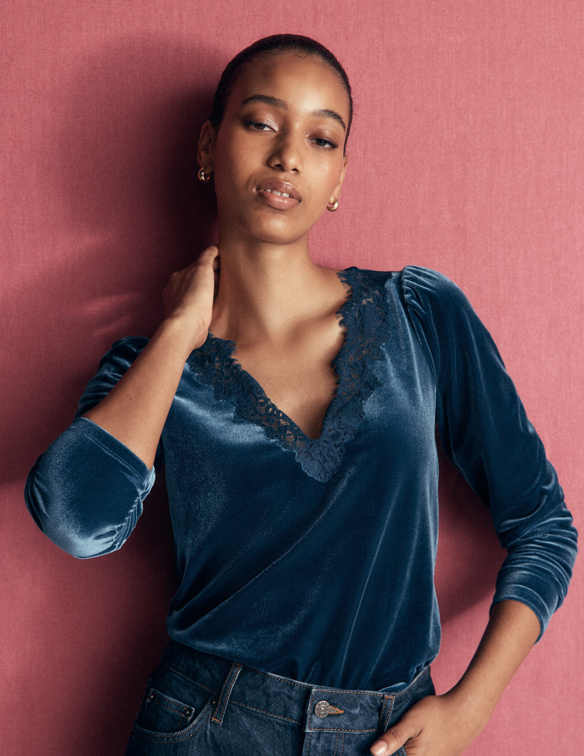 Lace Trim V-Neck Velvet Top-Harbour Blue - Image 1