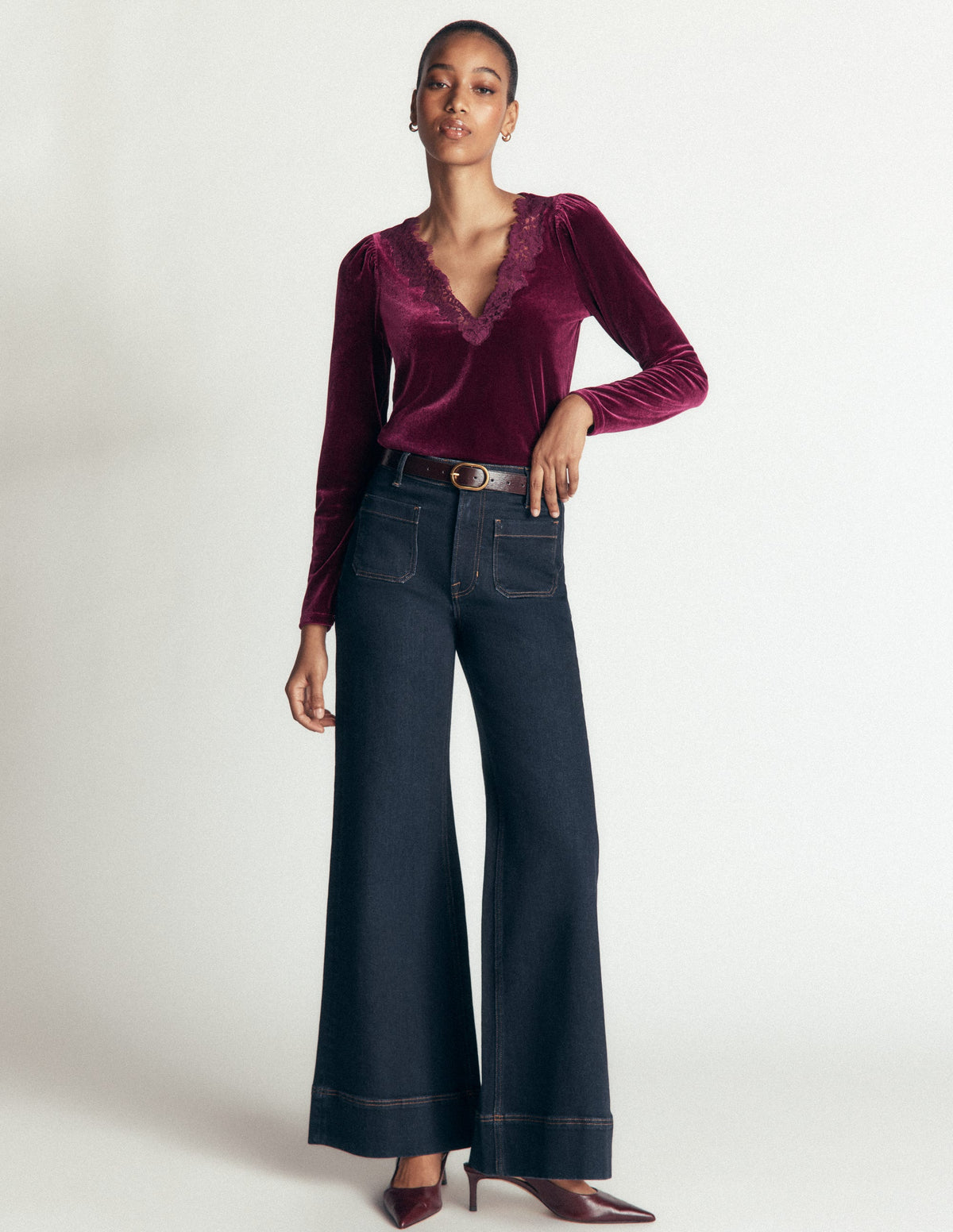 Lace Trim V-Neck Velvet Top-Beetroot Red-1