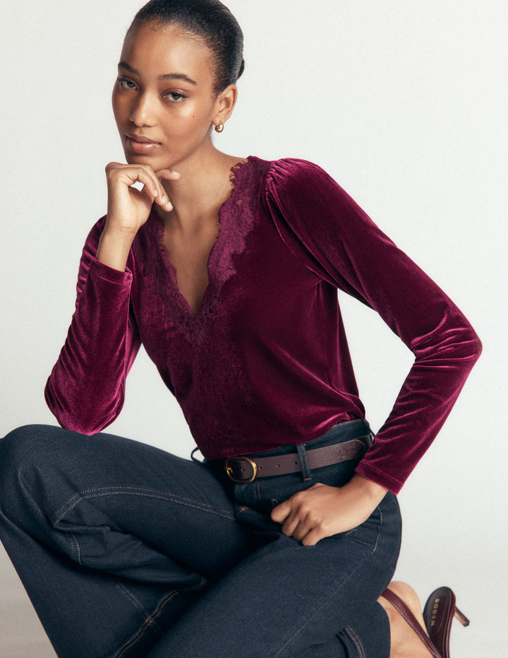 Lace Trim V-Neck Velvet Top-Beetroot Red