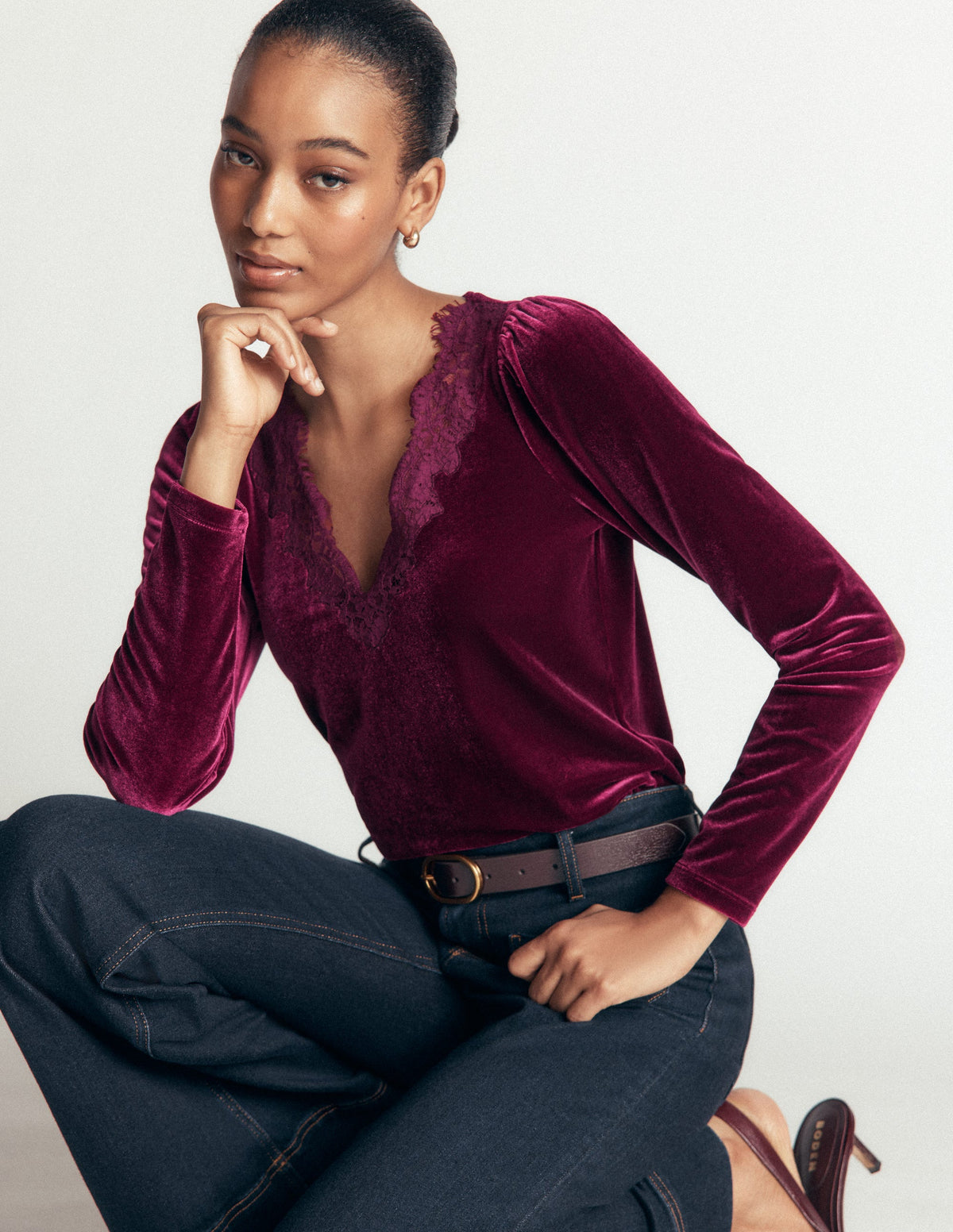 Lace Trim V-Neck Velvet Top-Beetroot Red-4