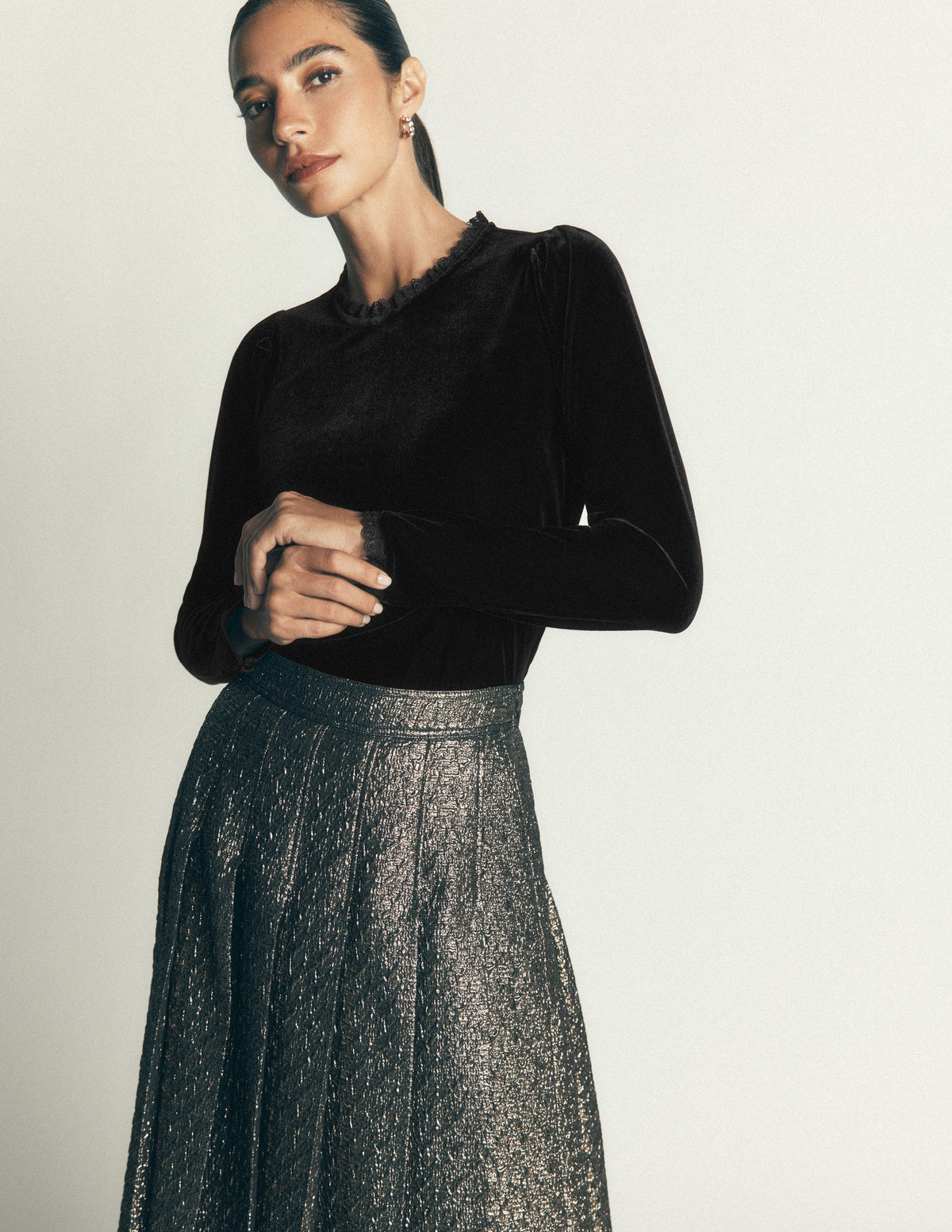 Lace Trim Velvet Top-Black - Image 1