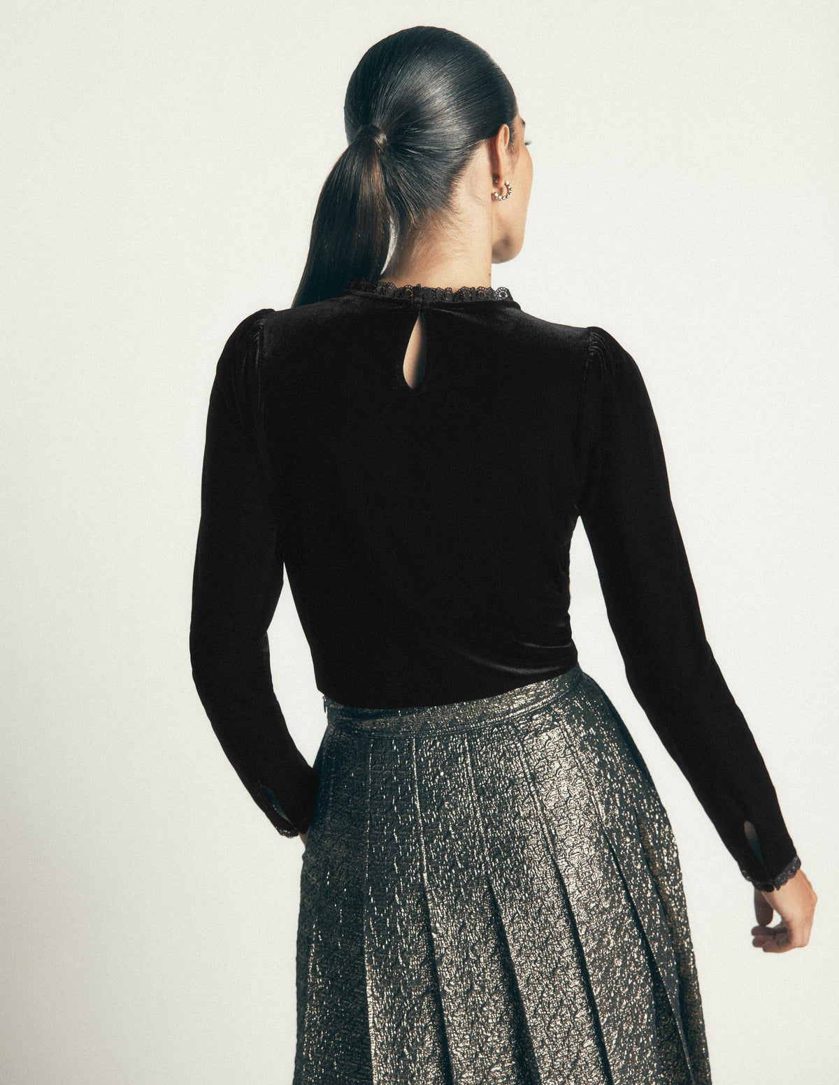 Lace Trim Velvet Top-Black-3
