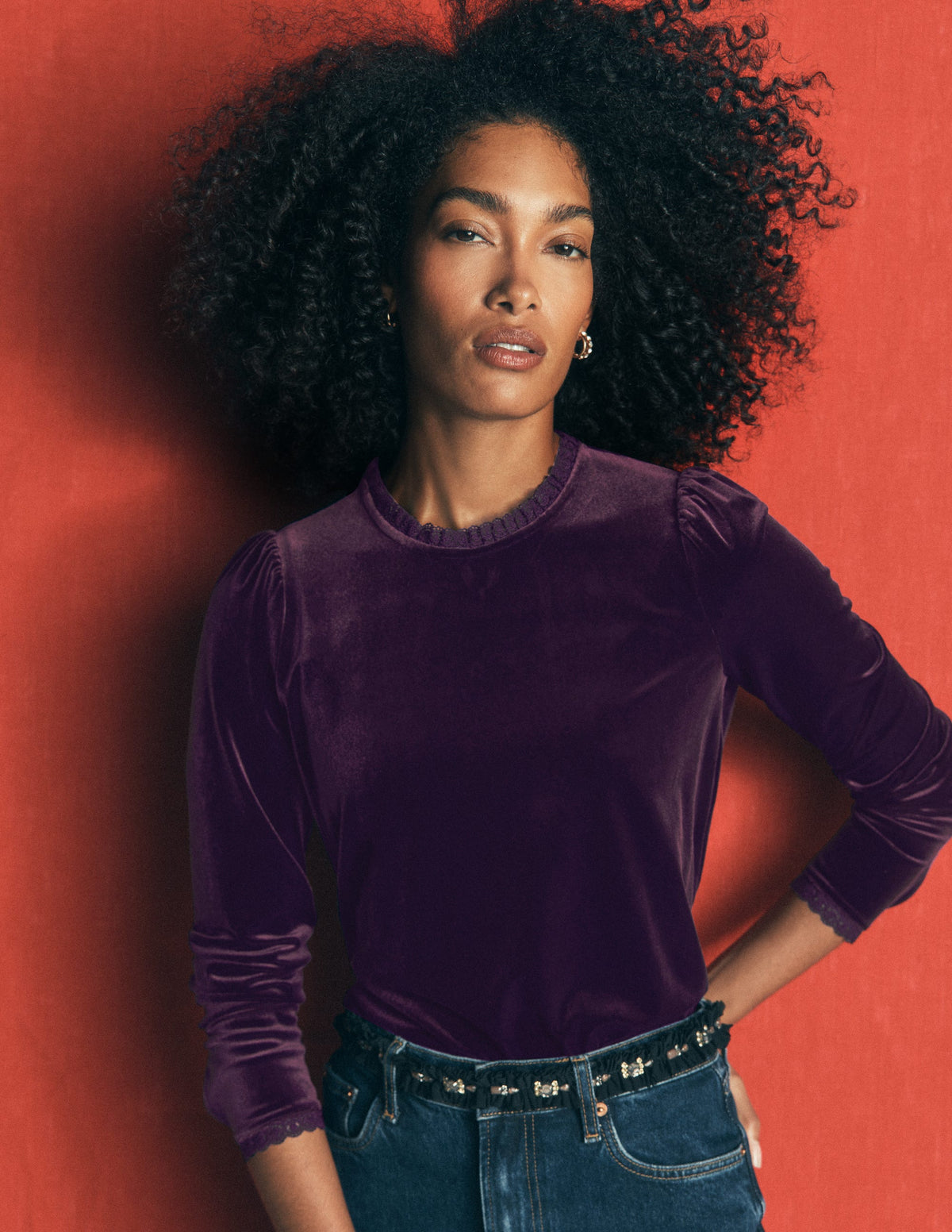Lace Trim Velvet Top-Night Shade-1