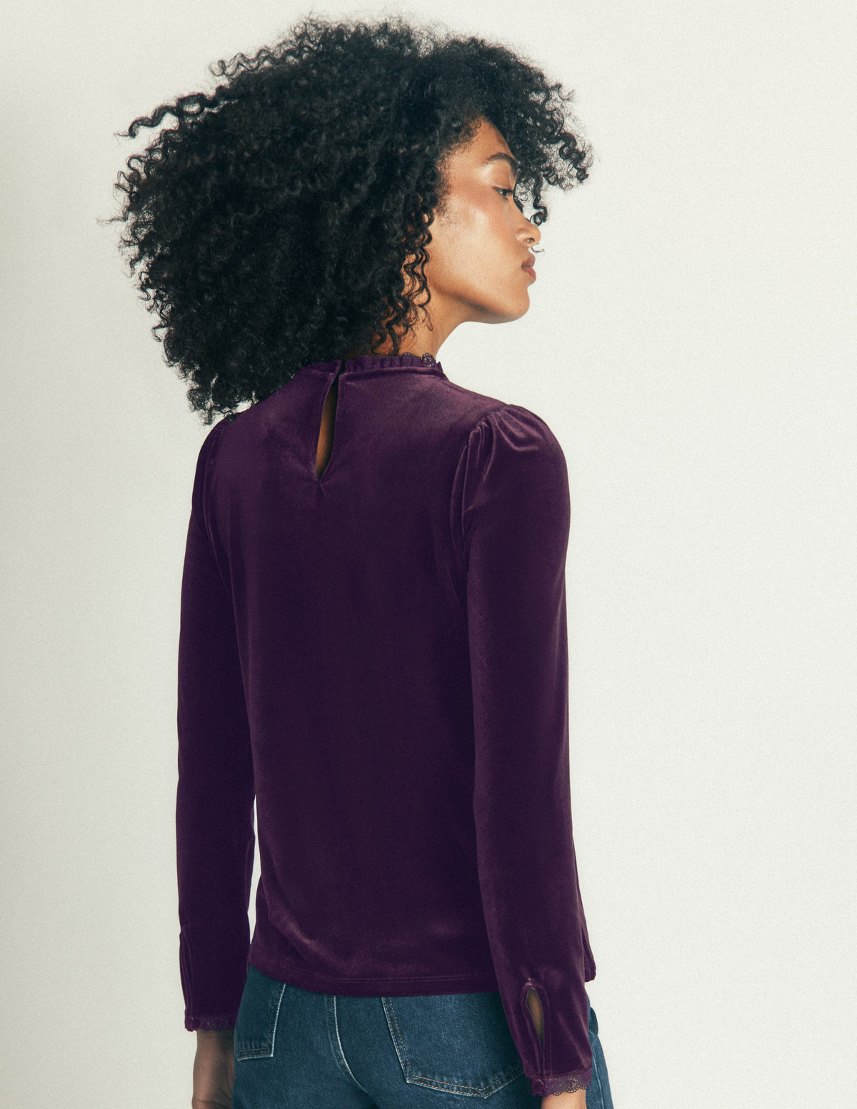 Lace Trim Velvet Top-Night Shade-3