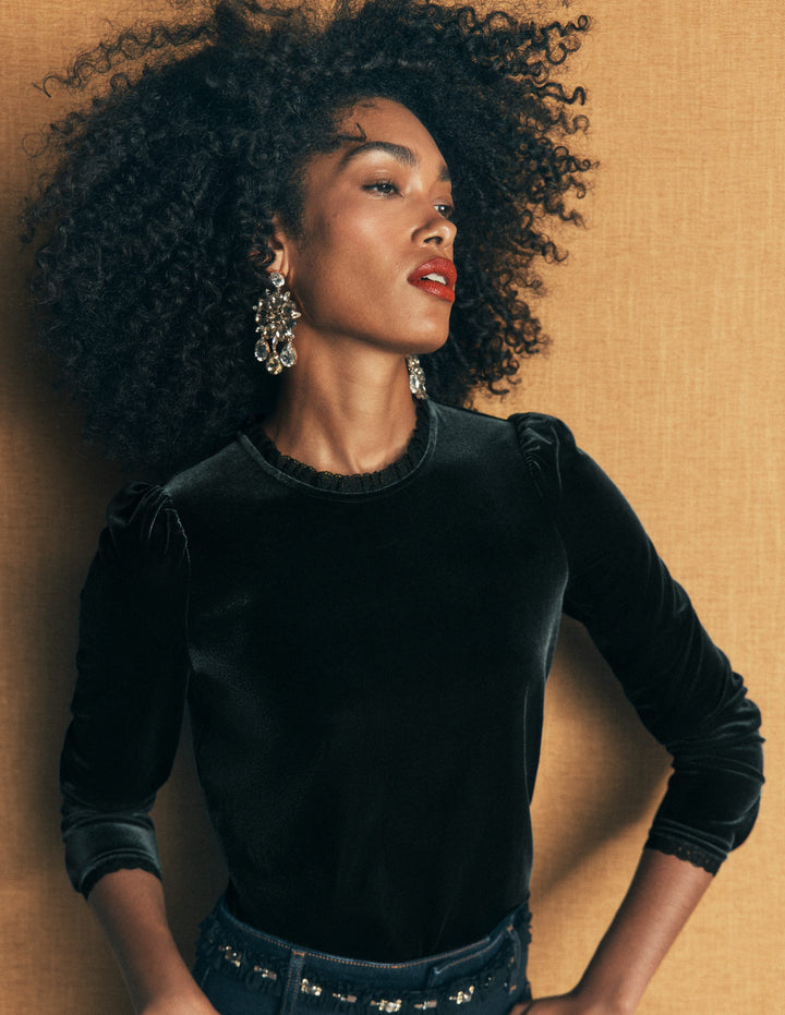 Lace Trim Velvet Top-Midnight Emerald