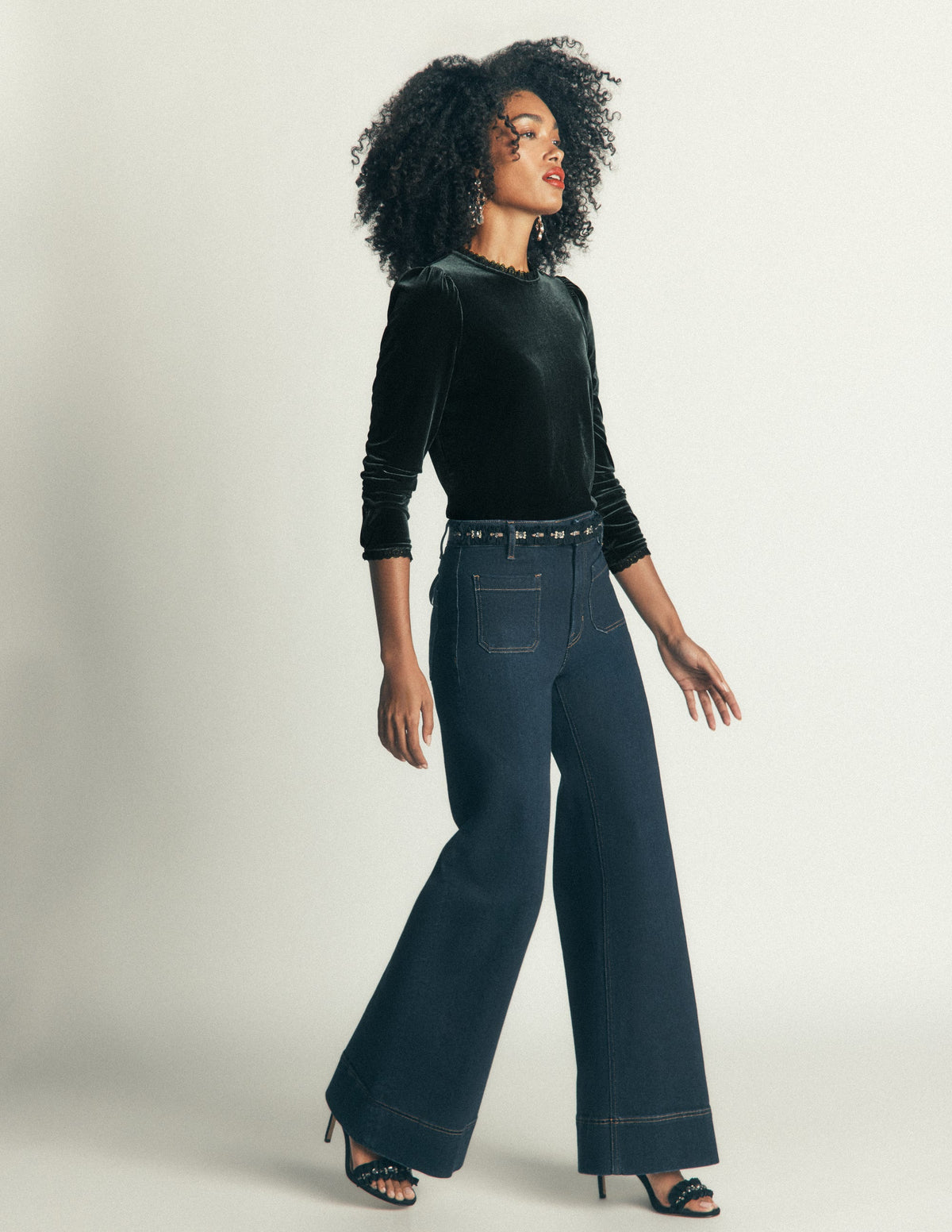 Lace Trim Velvet Top-Midnight Emerald - Image 4