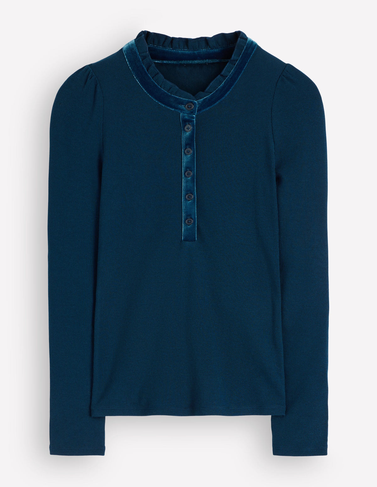 Velvet Ruffle Trim Henley Top-Sailor Blue - Image 7