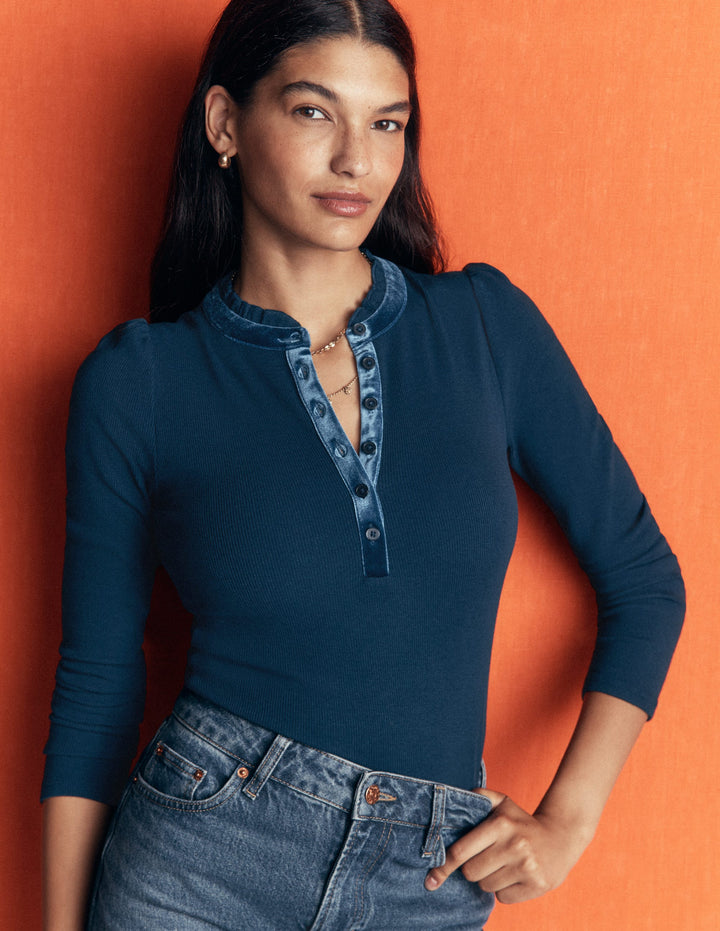 Velvet Ruffle Trim Henley Top-Sailor Blue