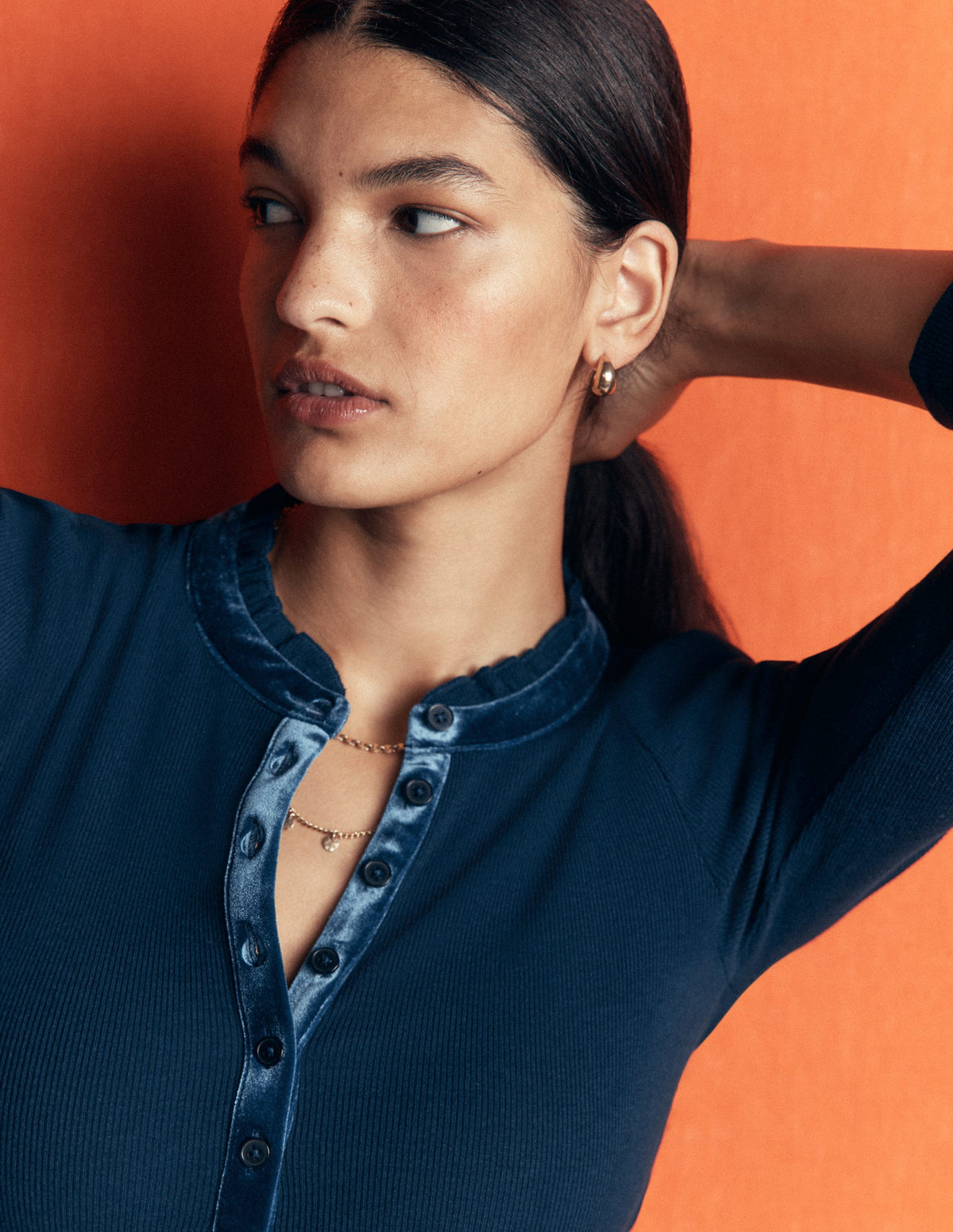 Velvet Ruffle Trim Henley Top-Sailor Blue - Image 2