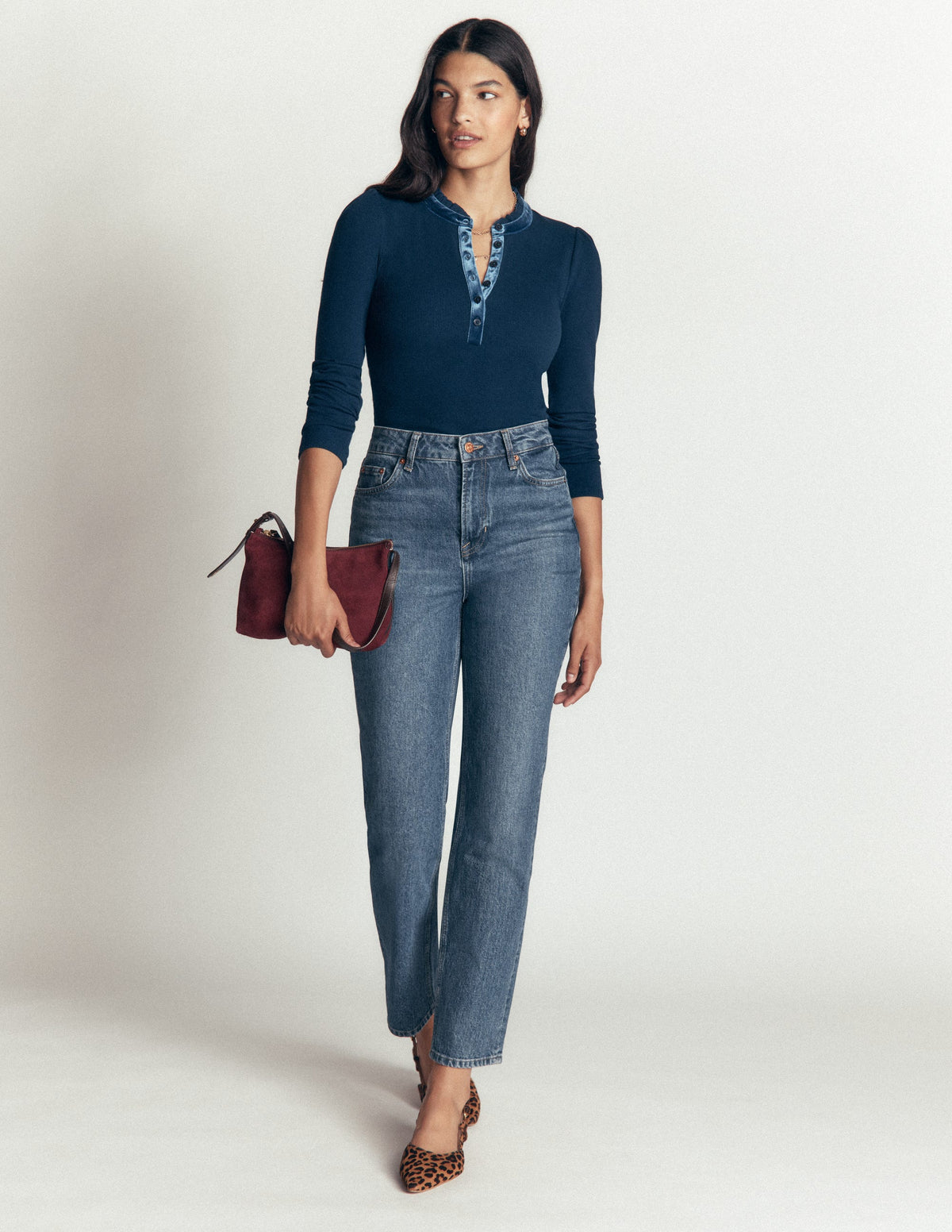 Velvet Ruffle Trim Henley Top-Sailor Blue - Image 4