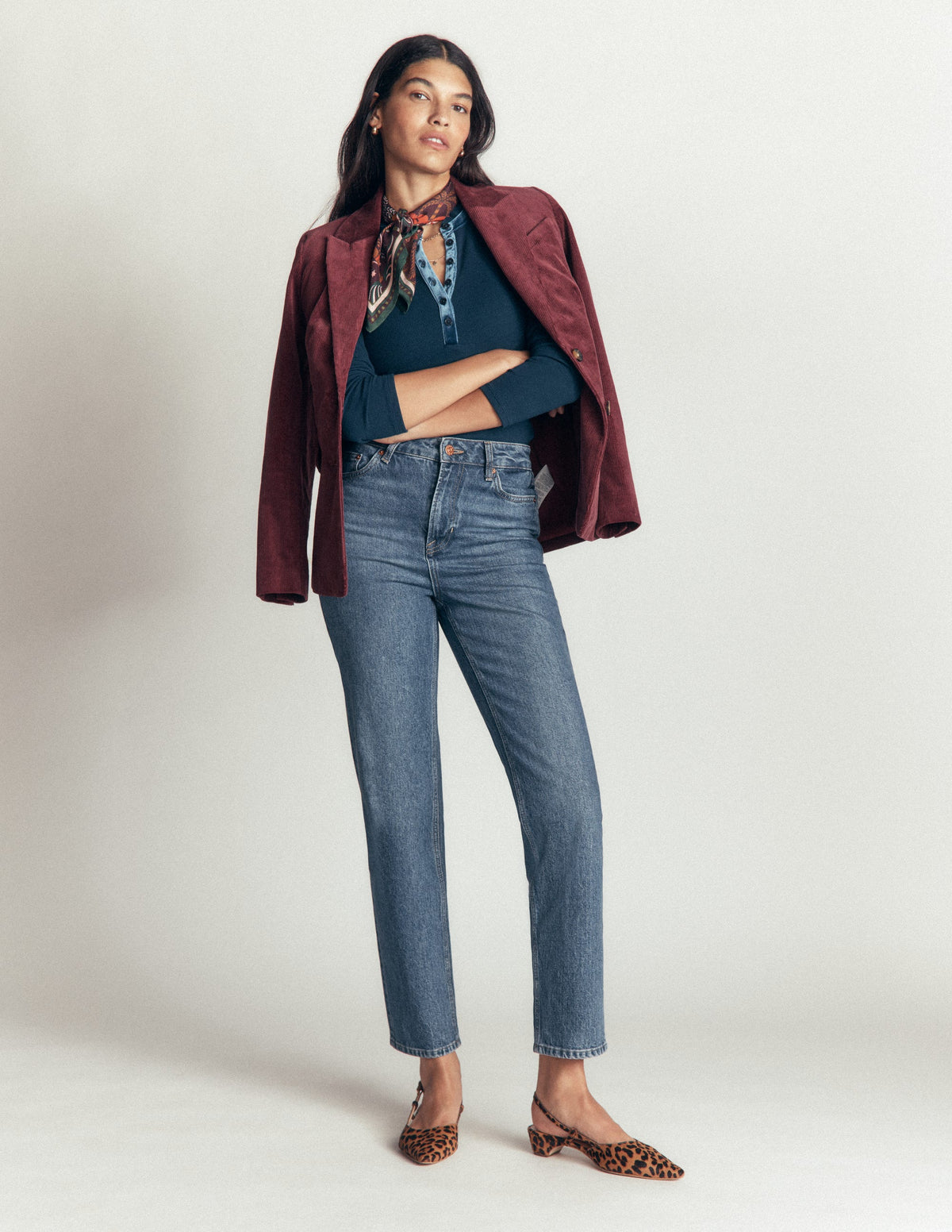 Velvet Ruffle Trim Henley Top-Sailor Blue - Image 6