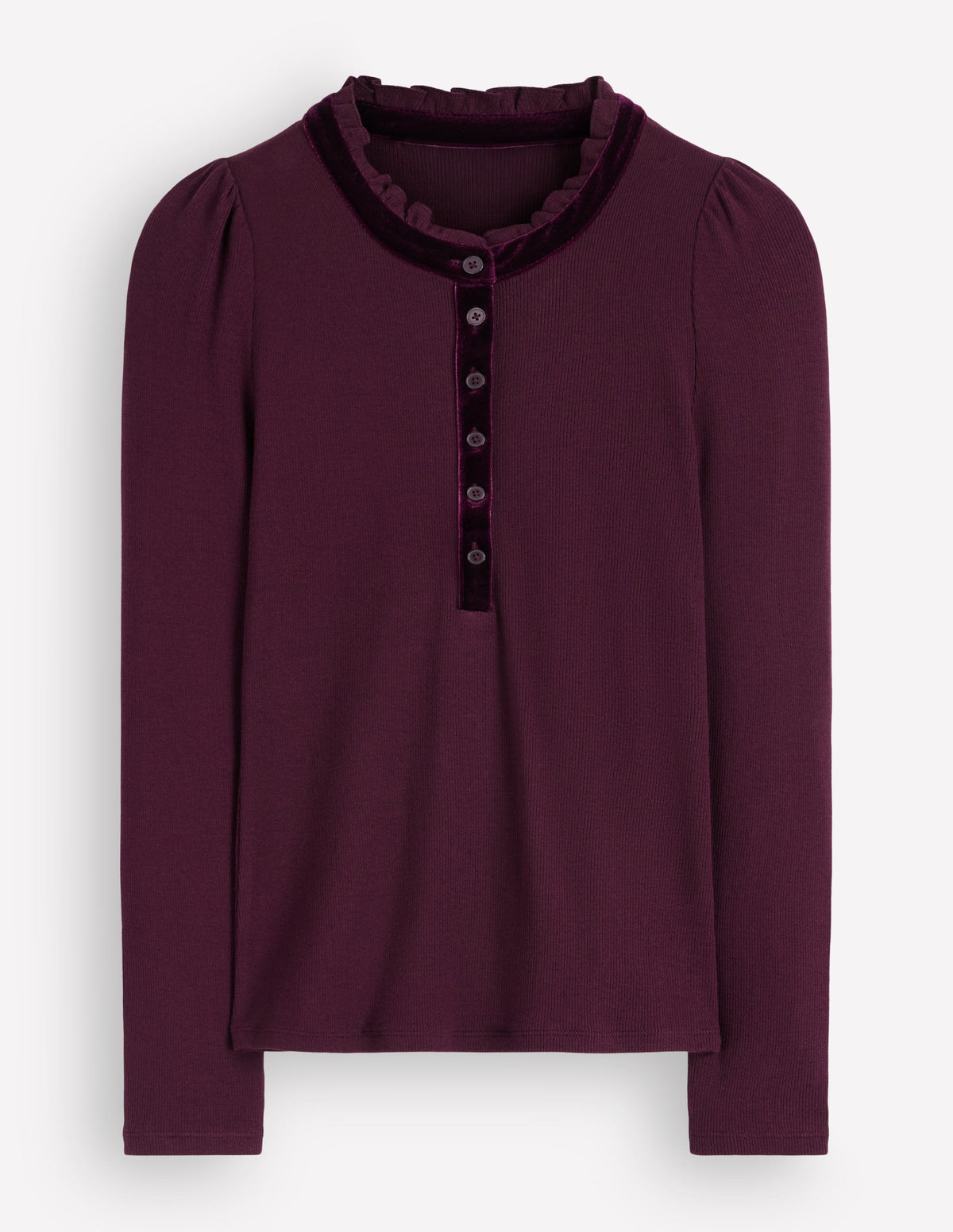 Velvet Ruffle Trim Henley Top-Dark Cherry-5