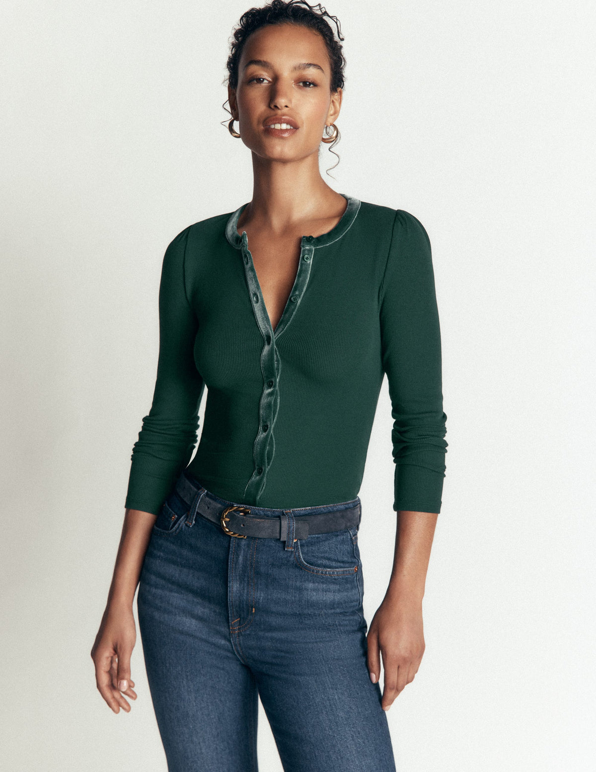 Velvet Trim Ribbed Cardigan-Green Pine - Image 1