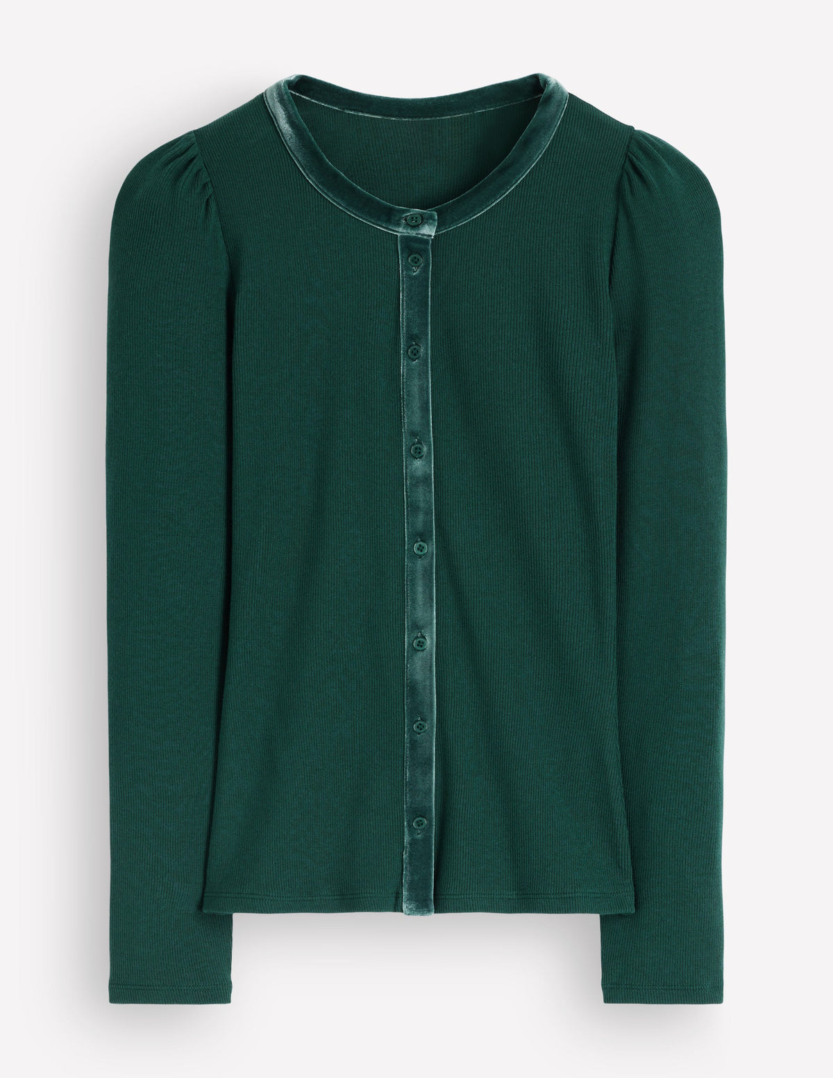 Velvet Trim Ribbed Cardigan-Green Pine-5