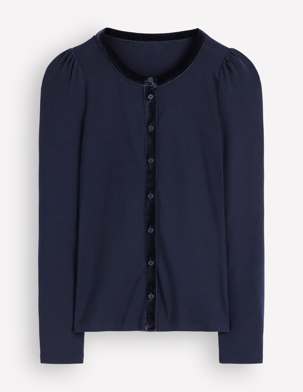 Velvet Trim Ribbed Cardigan-Navy - Image 3