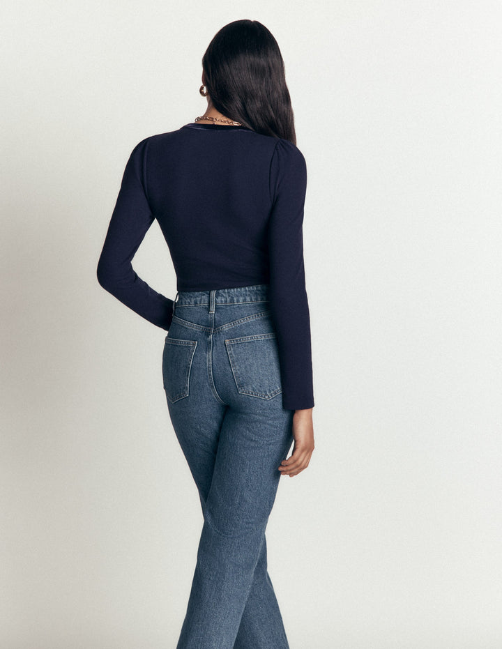 Velvet Trim Ribbed Cardigan-Navy