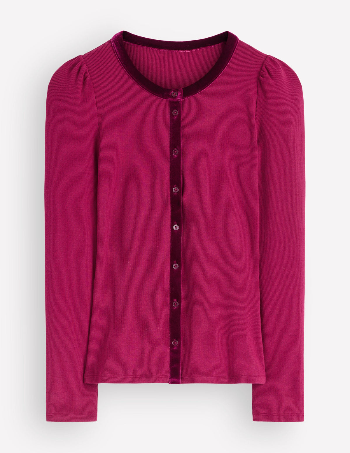 Velvet Trim Ribbed Cardigan-Beetroot Red - Image 6
