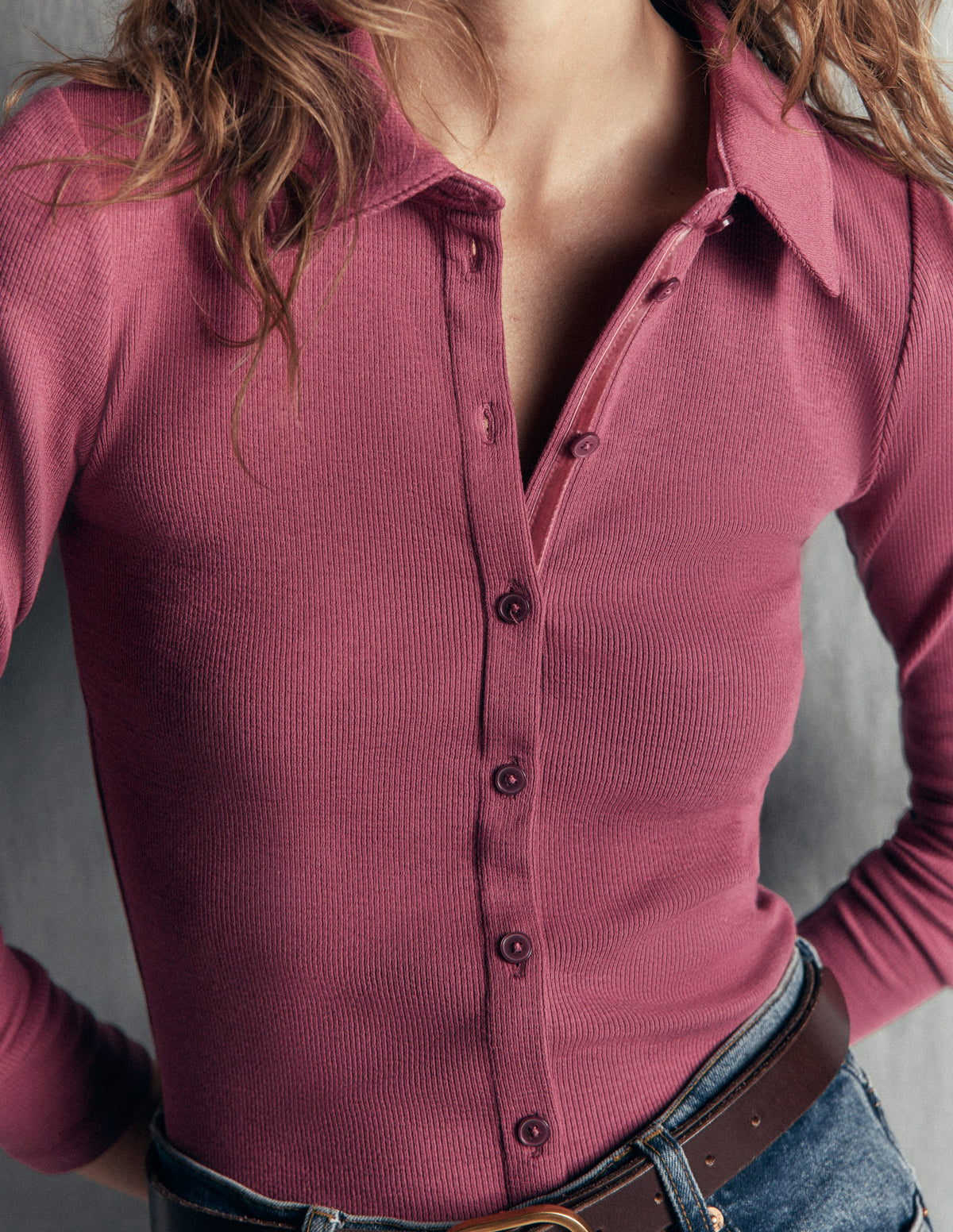 Jersey Velvet Ribbed Shirt-Maroon - Image 2