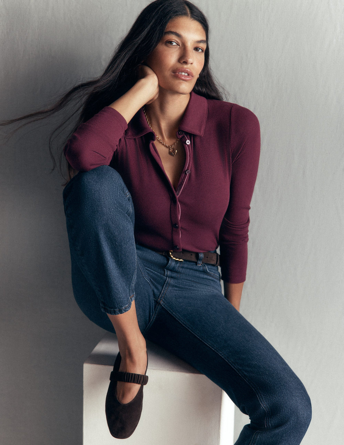 Jersey Velvet Ribbed Shirt-Dark Cherry - Image 1