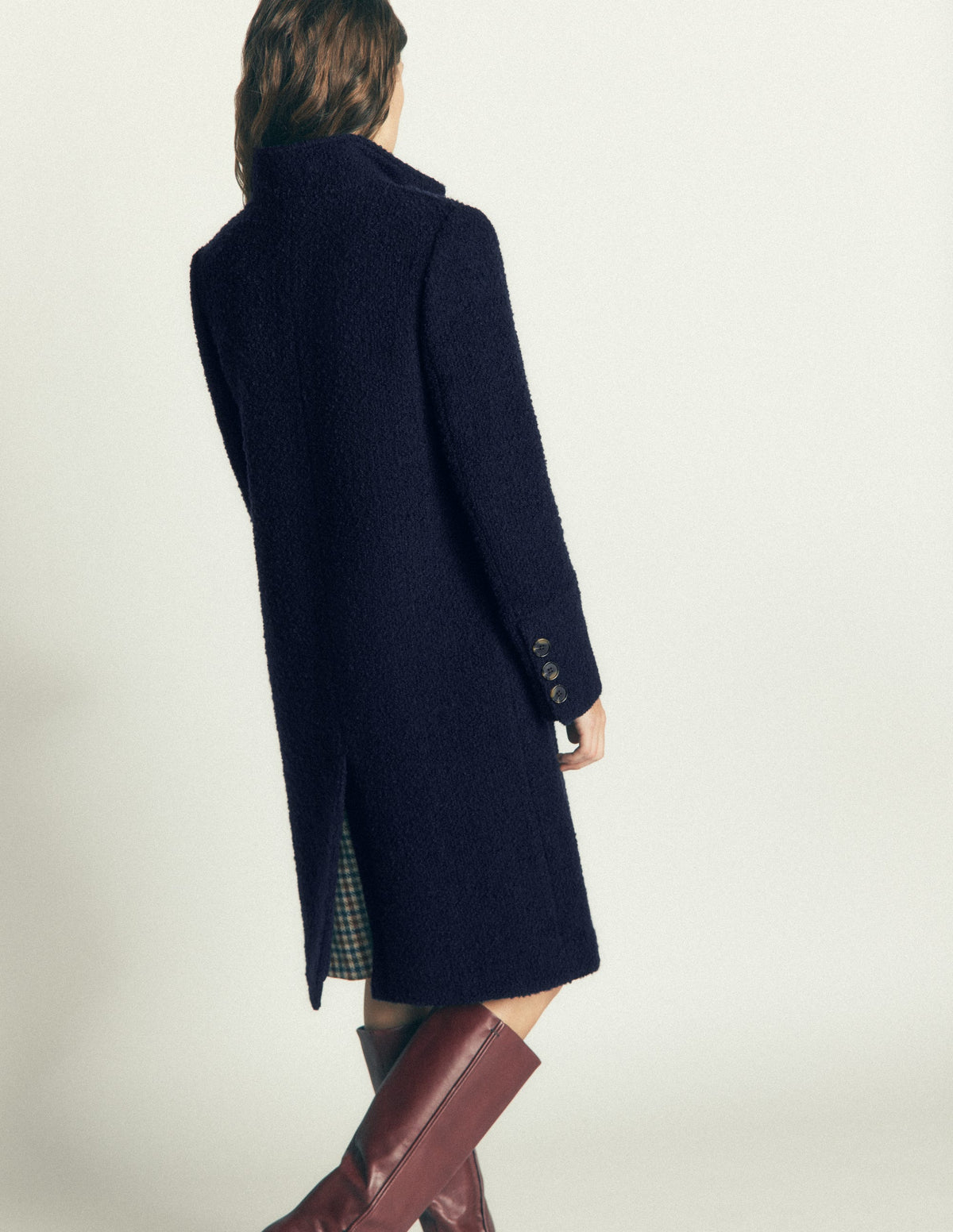 Funnel Neck Wool Coat-Navy - Image 3