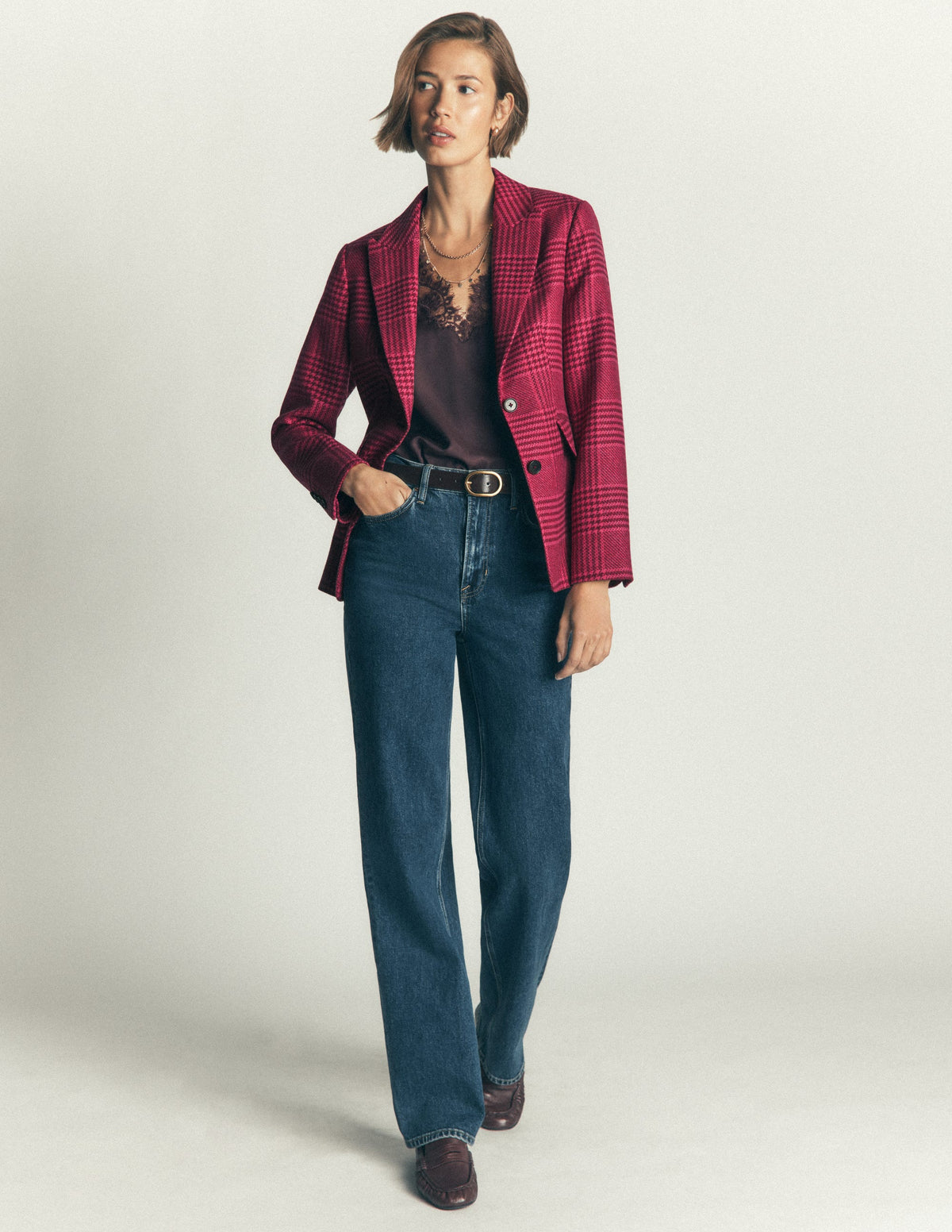 Stamford Wool Blazer-Pink And Maroon Check - Image 5