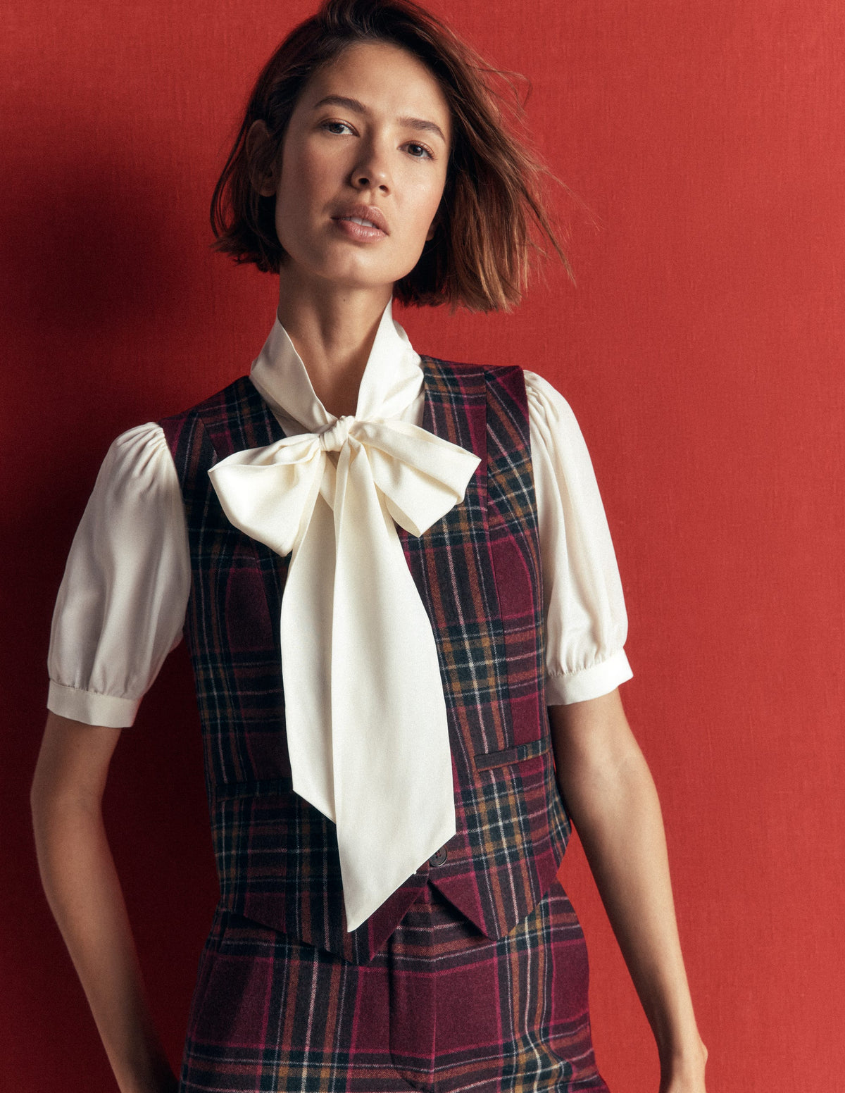 V Neck Wool Blend Waistcoat-Maroon and Olive Check-1