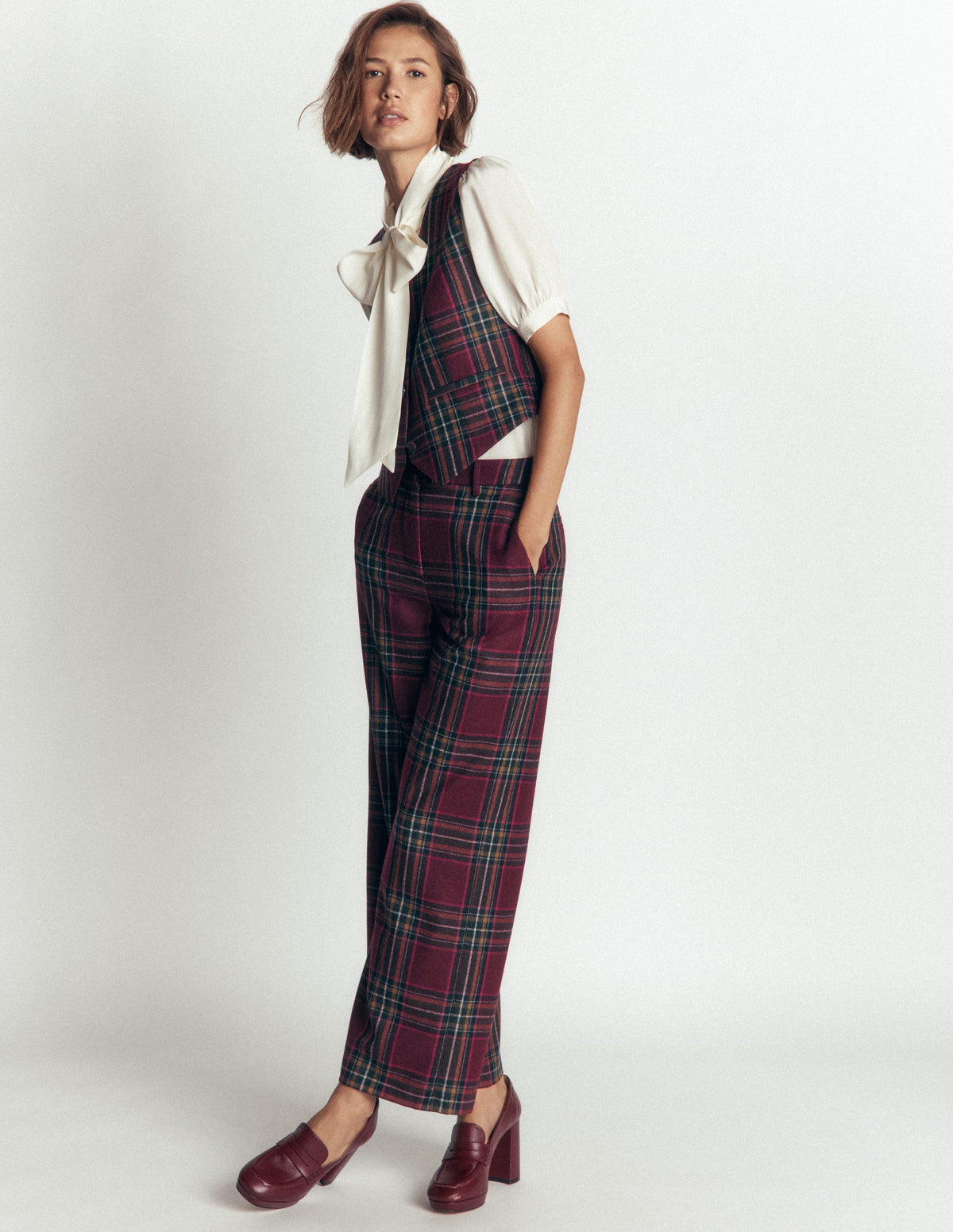 V Neck Wool Blend Waistcoat-Maroon and Olive Check - Image 4