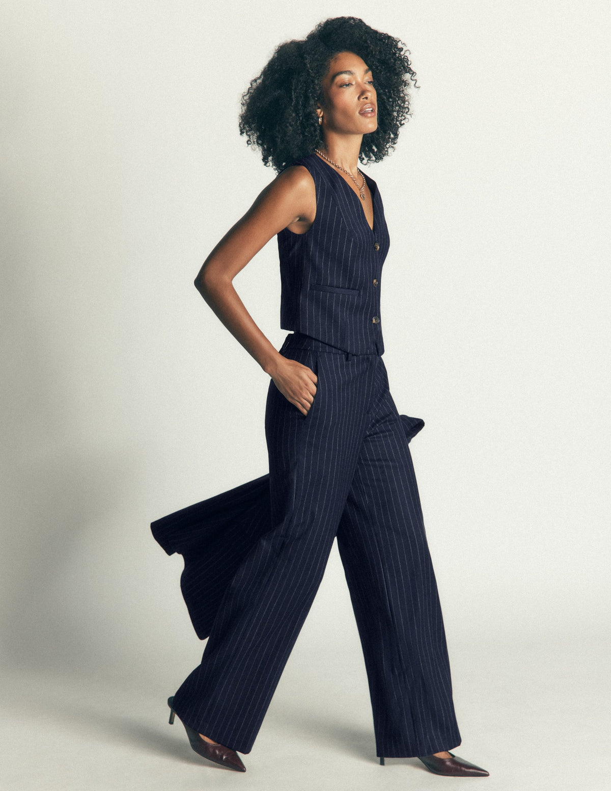 V Neck Wool Blend Waistcoat-Navy Pinstripe-1