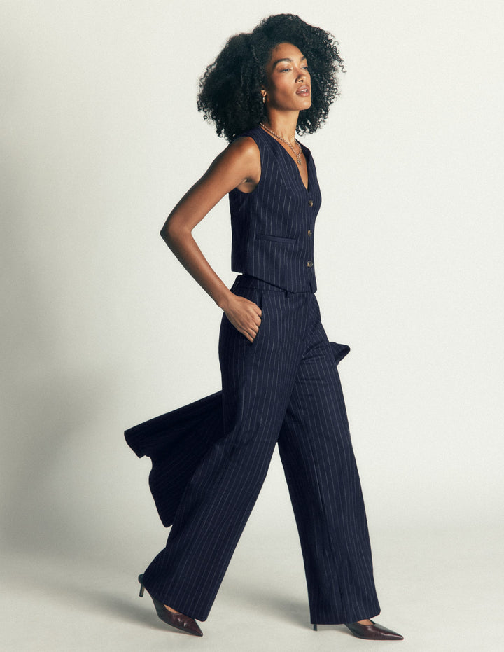 V Neck Wool Blend Waistcoat-Navy Pinstripe