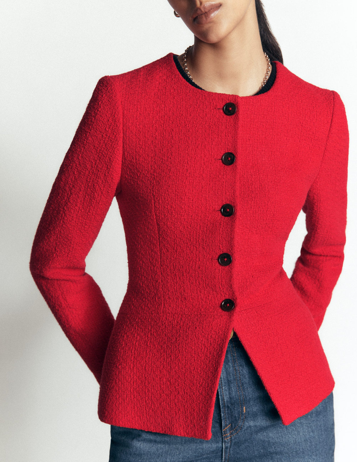 Collarless Tailored Blazer-Poppy Red - Image 3