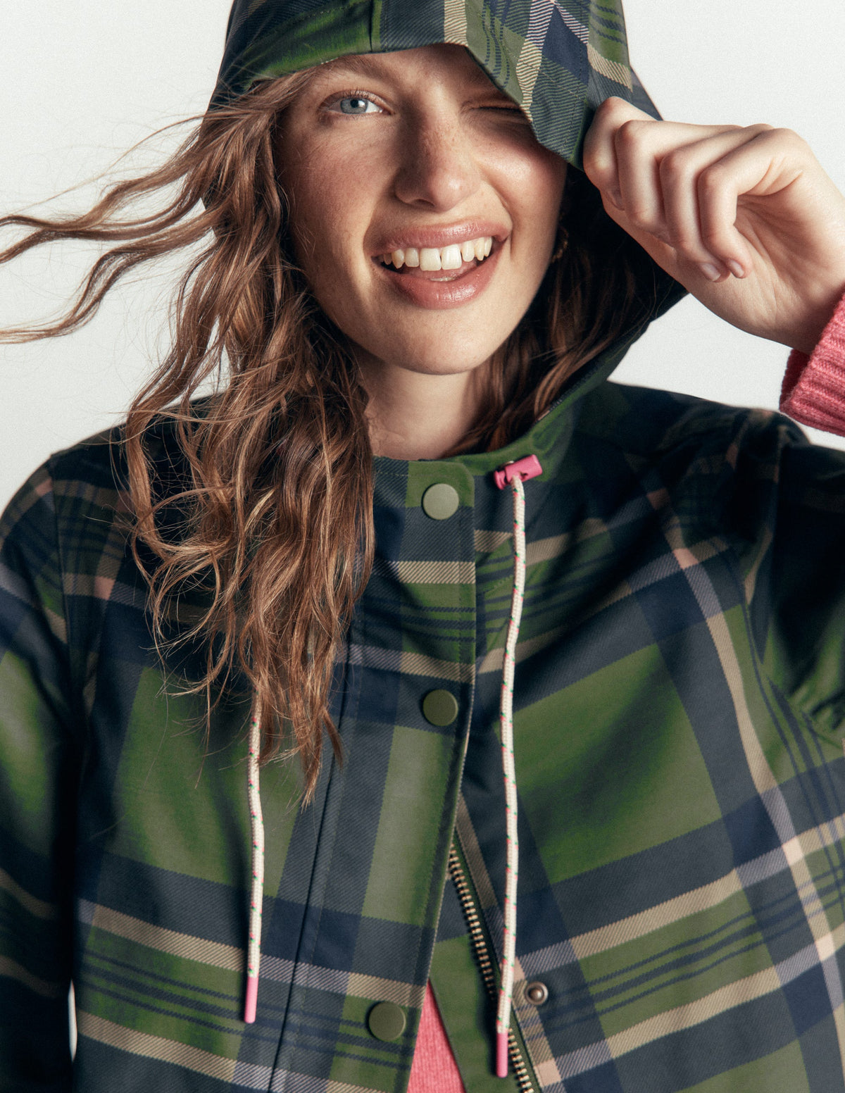 Longline Raincoat-Olive, Navy and Red Check - Image 2