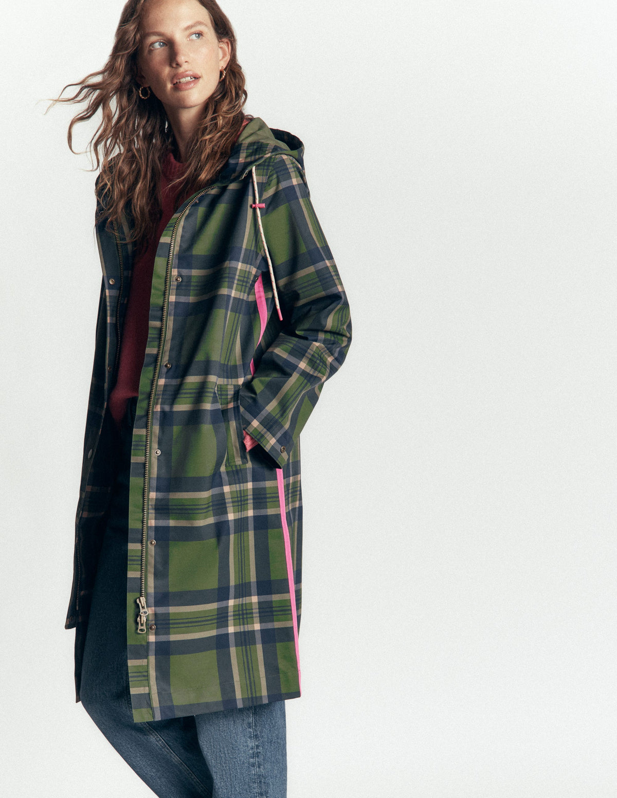 Longline Raincoat-Olive, Navy and Red Check-4