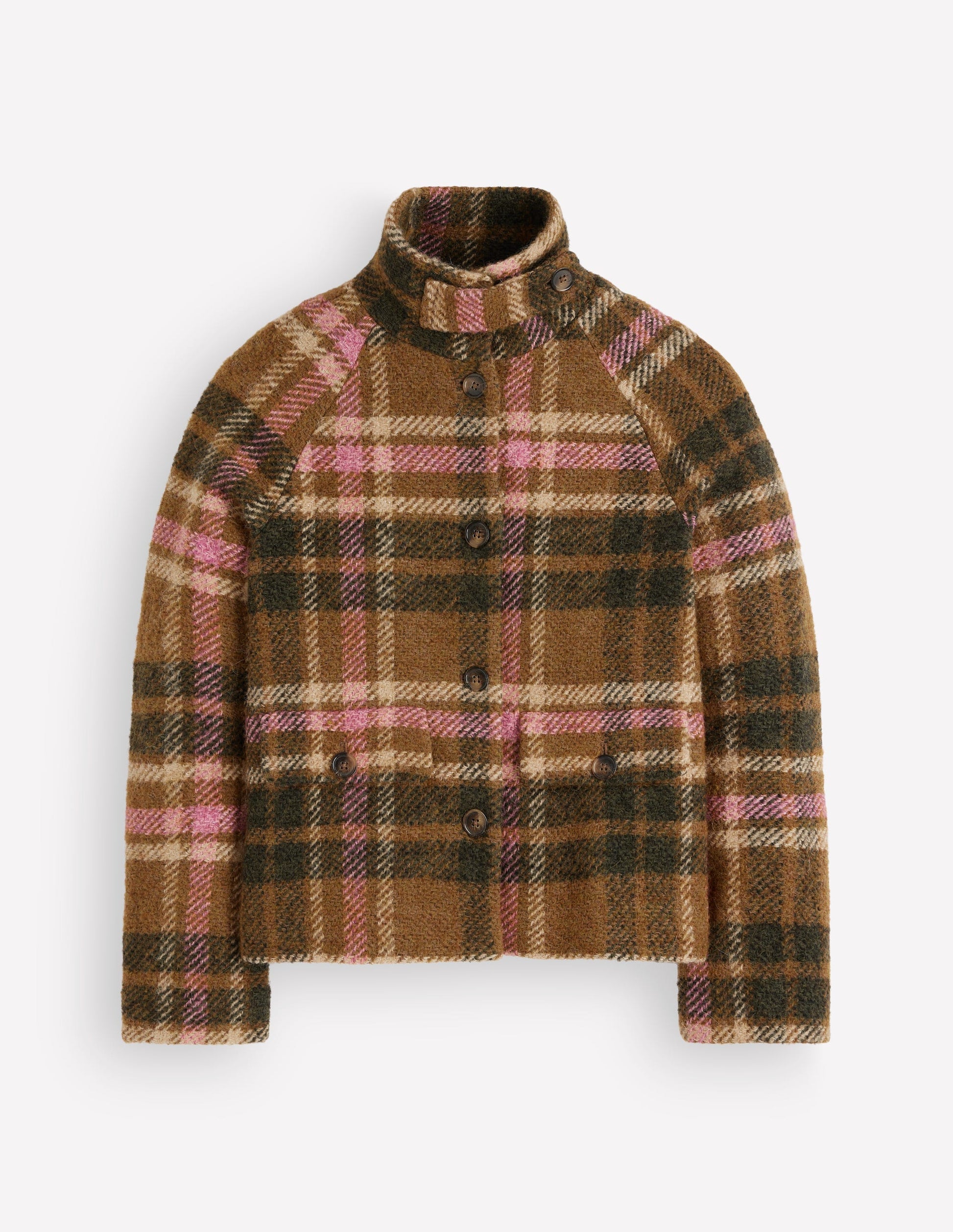 Short Funnel Neck Wool Coat-Green and Pink Check-8