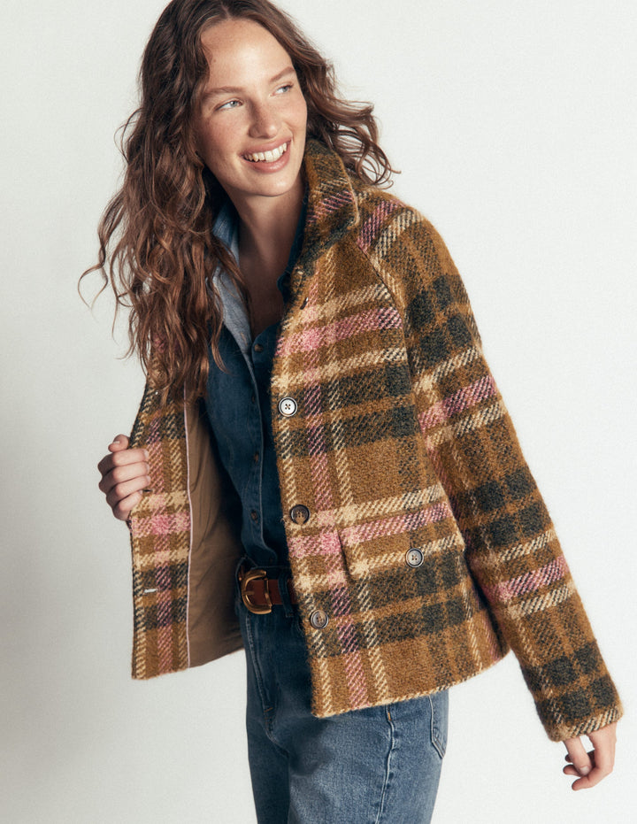 Short Funnel Neck Wool Coat-Green and Pink Check