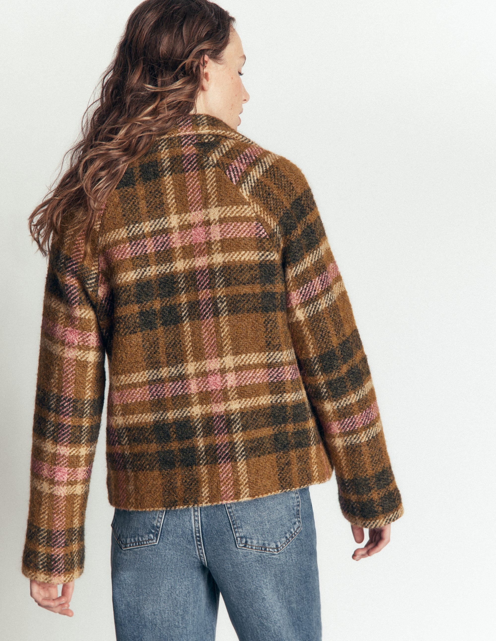 Short Funnel Neck Wool Coat-Green and Pink Check - Image 4