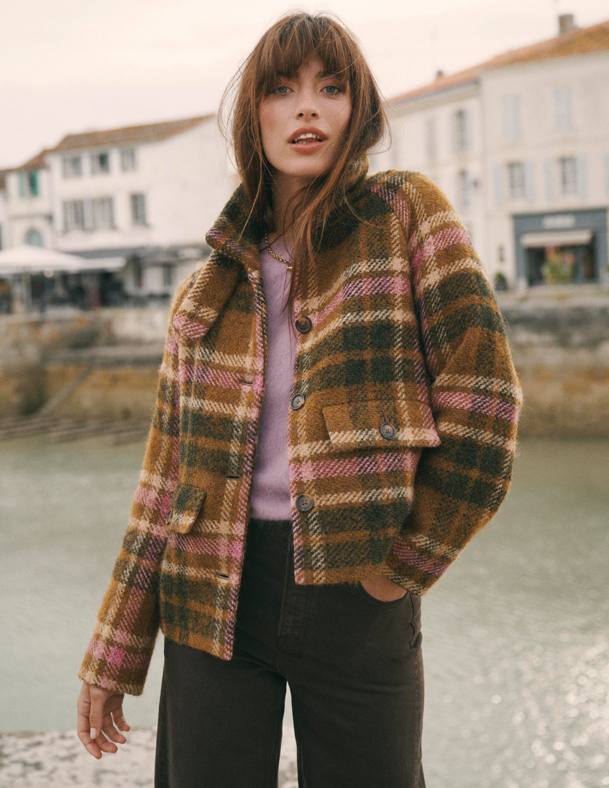 Short Funnel Neck Wool Coat-Green and Pink Check-1