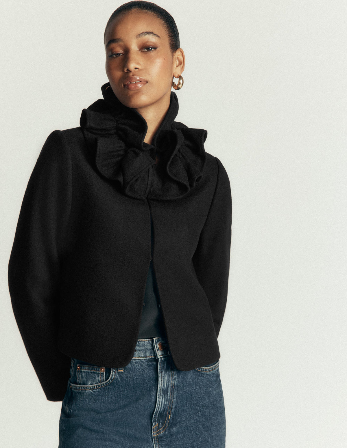 Ruffle Neck Wool Jacket-Black-1