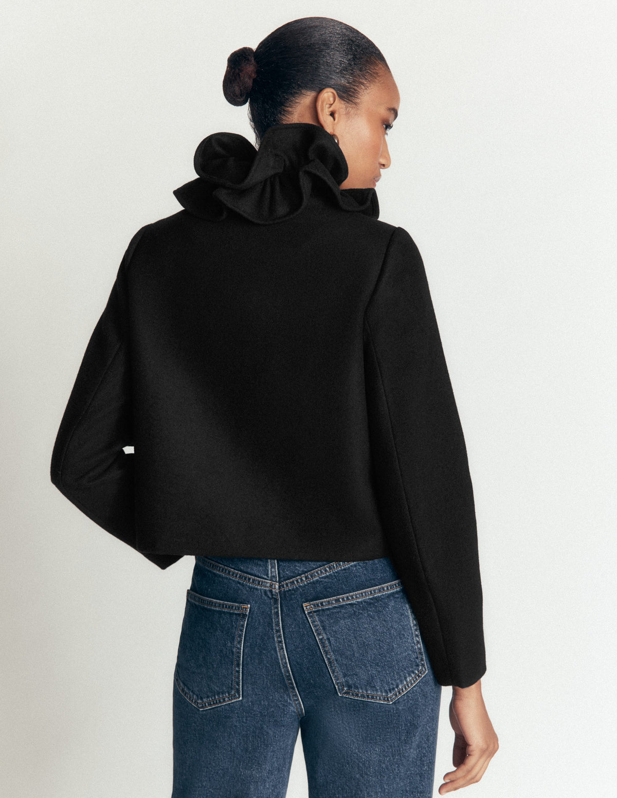 Ruffle Neck Wool Jacket-Black - Image 3