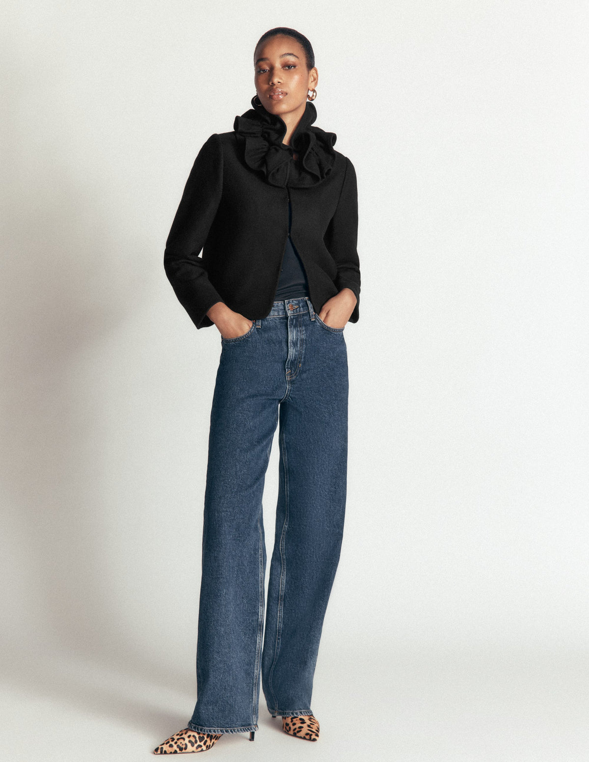 Ruffle Neck Wool Jacket-Black - Image 4